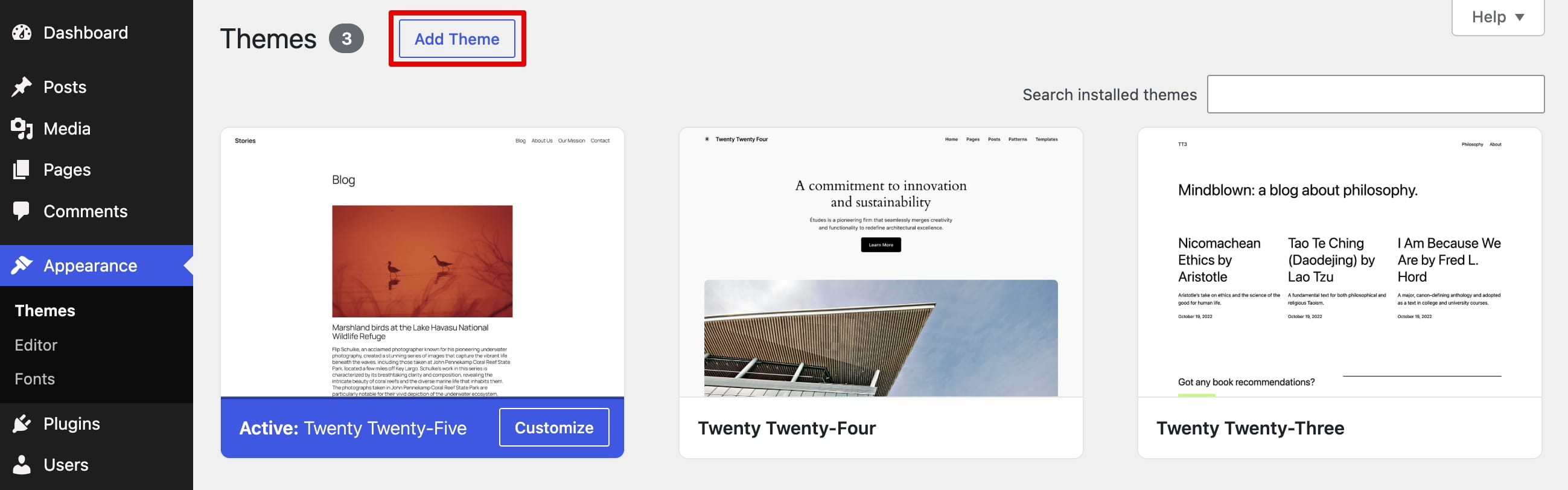 Click Add Theme in WordPress Themes