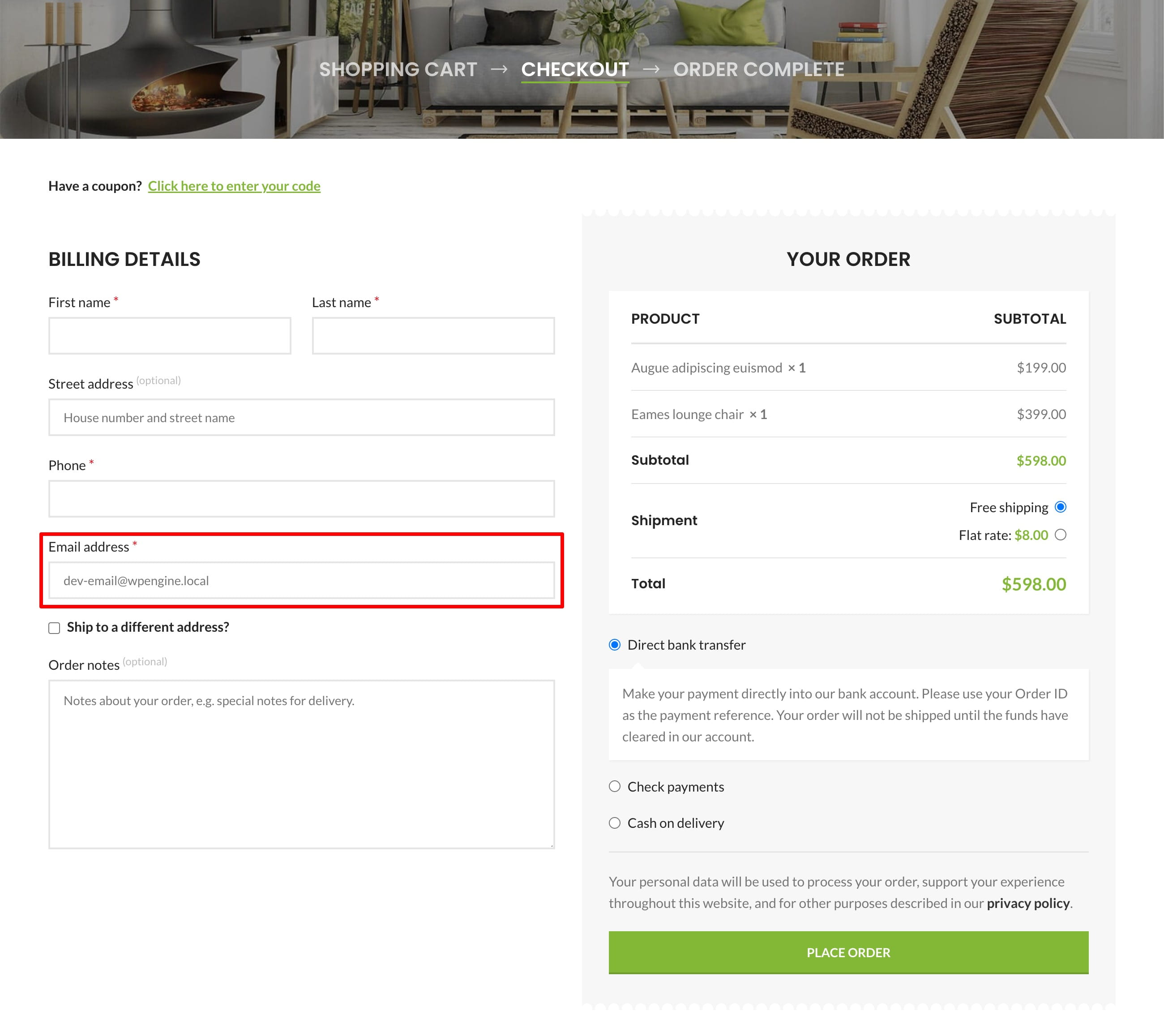 Checkout page with billing details form, order summary, payment options, and Place Order button