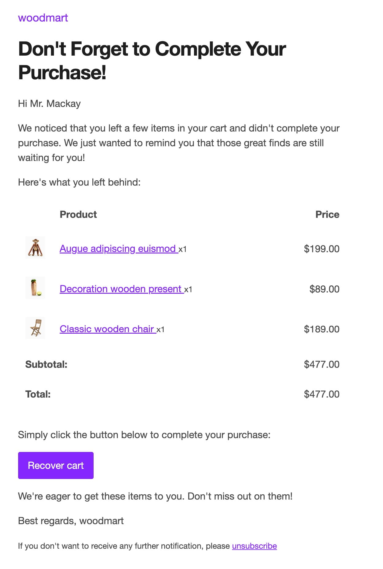 Abandoned cart reminder email