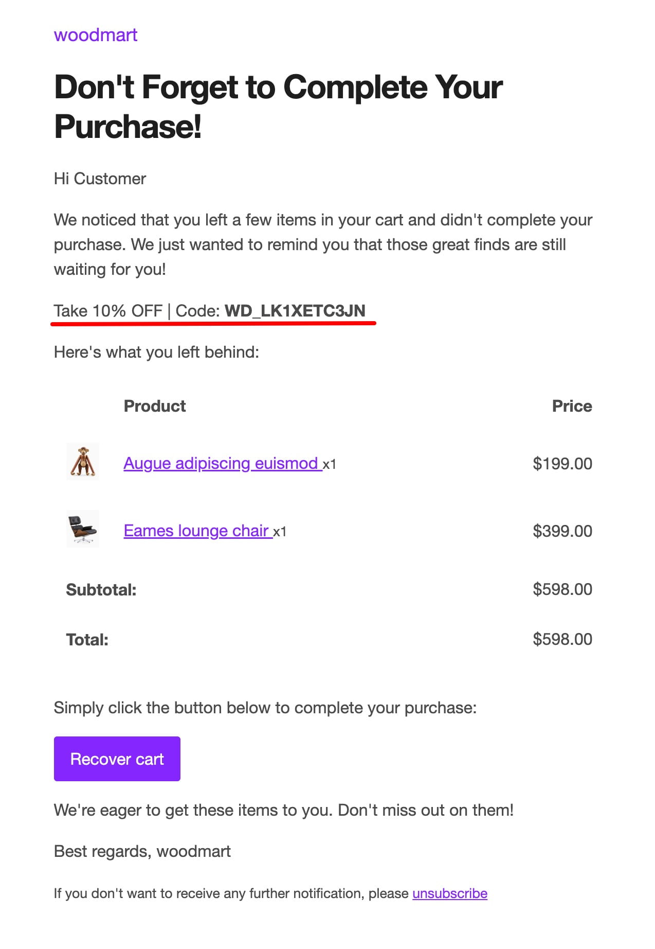 Abandoned cart reminder email with 10% off and a Recover cart button