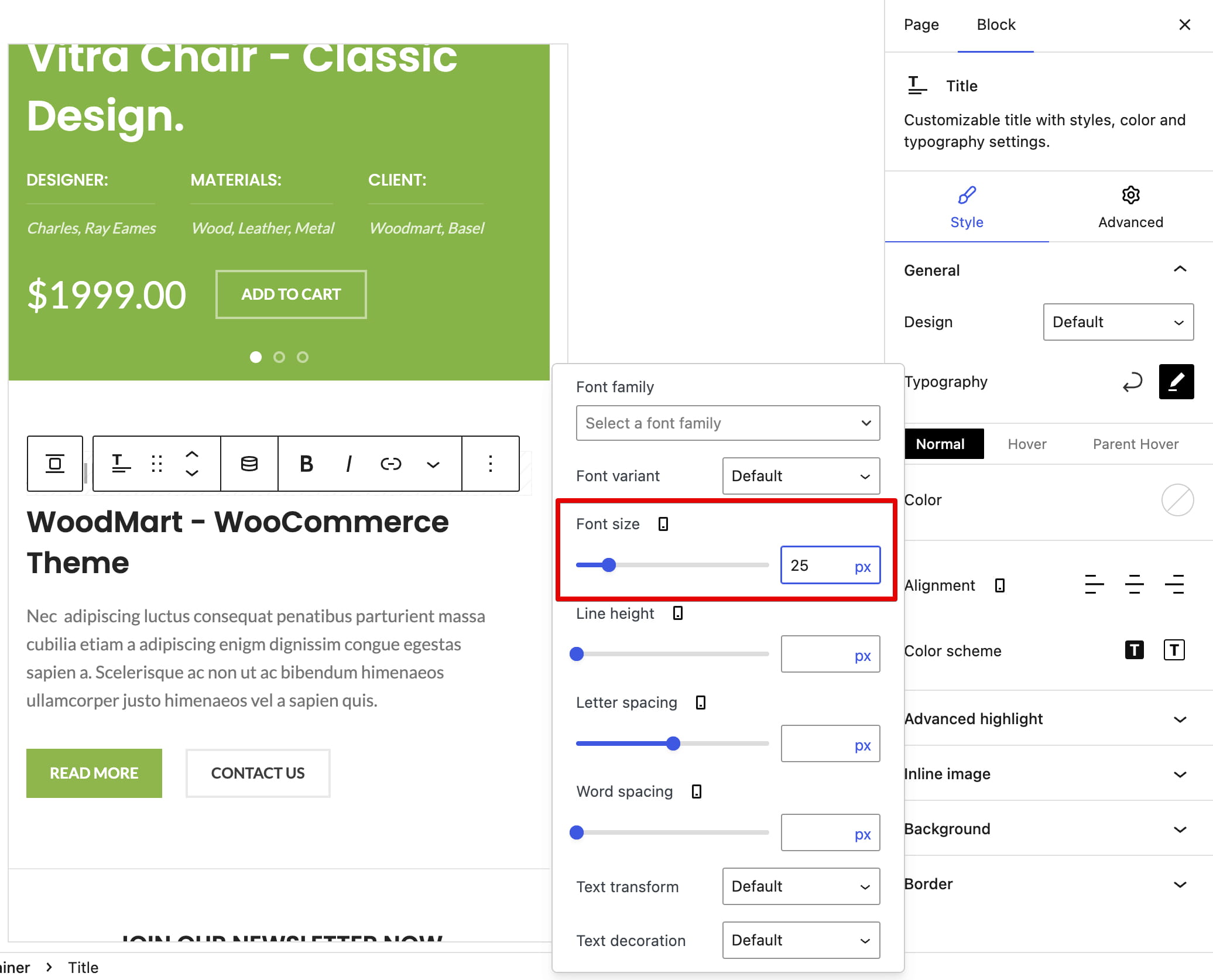 Screenshot of a website editor showing title typography settings, with the font size control highlighted