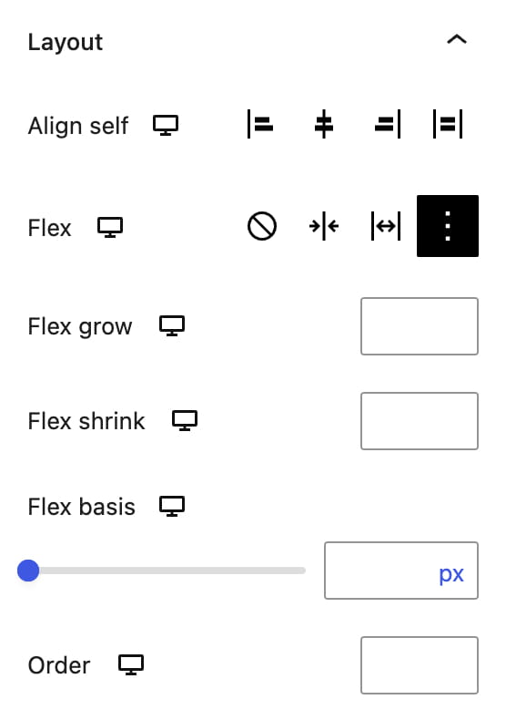 Layout settings panel with align self, flex, flex grow, flex shrink, flex basis, and order controls