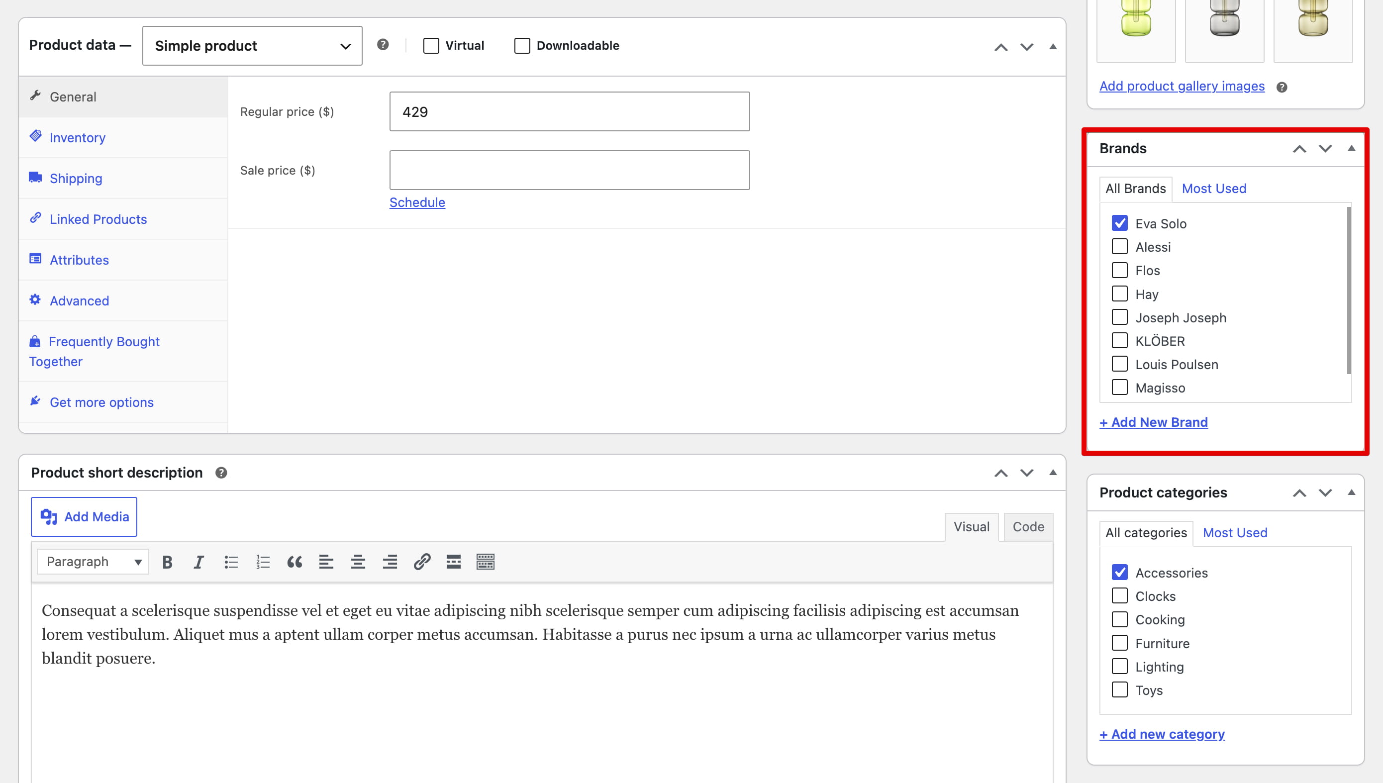 Brands selection panel in single prod edit page