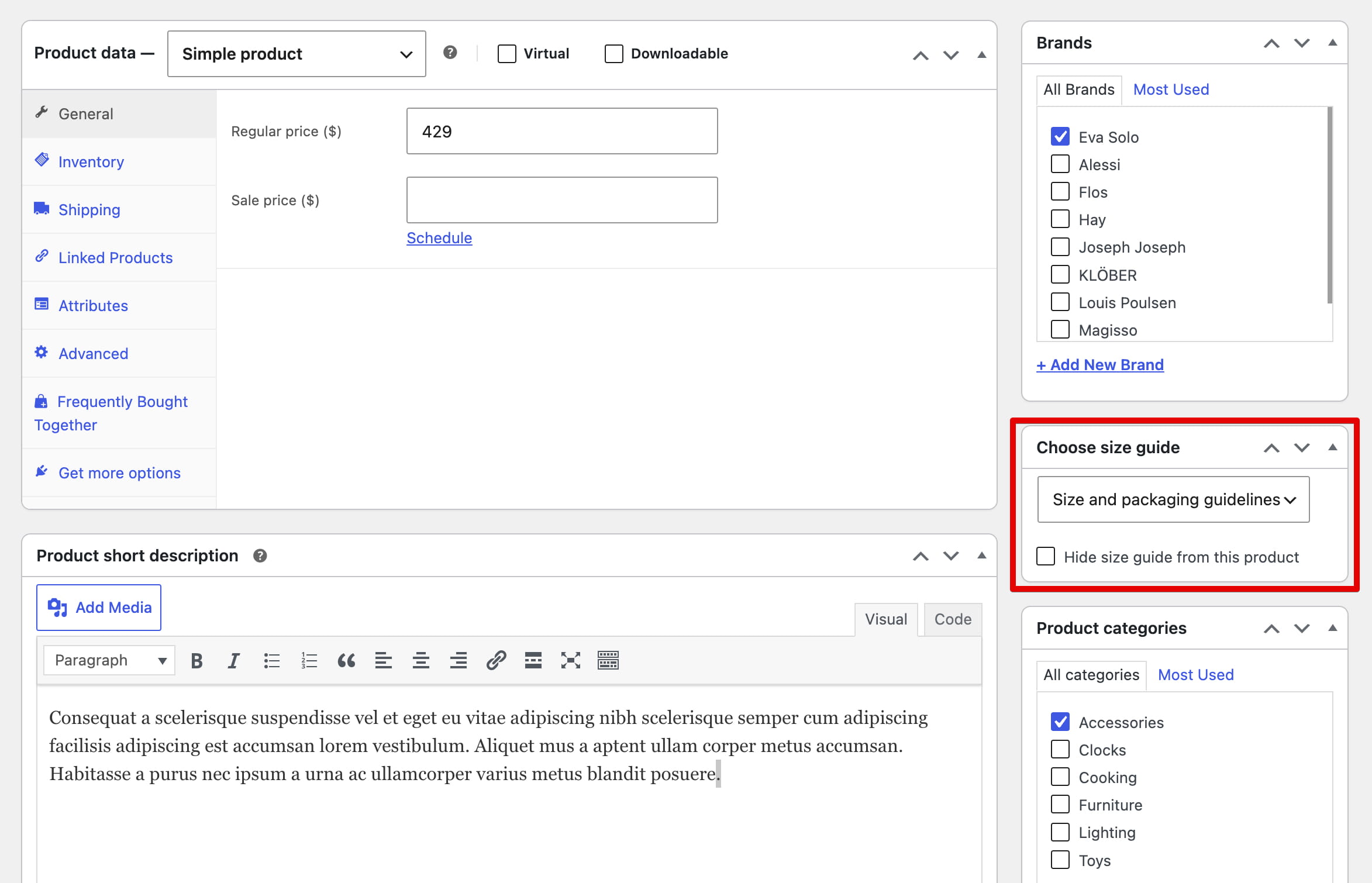 WooCommerce product editor showing the size guide settings panel