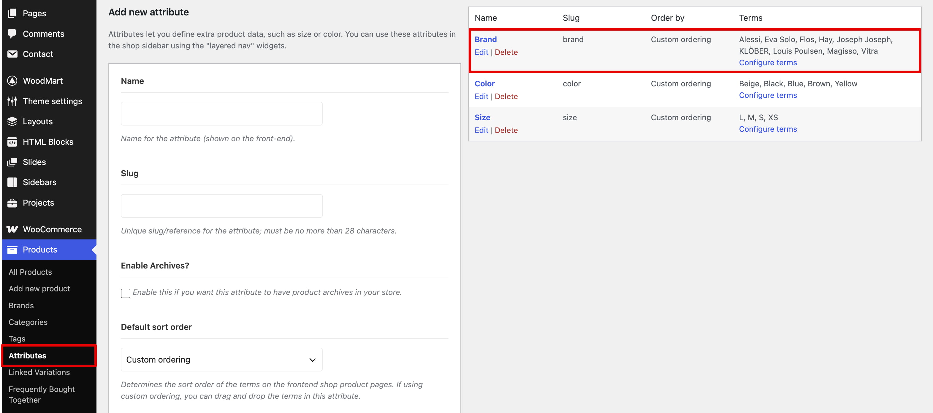 WooCommerce Products > Attributes screen showing the Brand attribute and its terms(old)