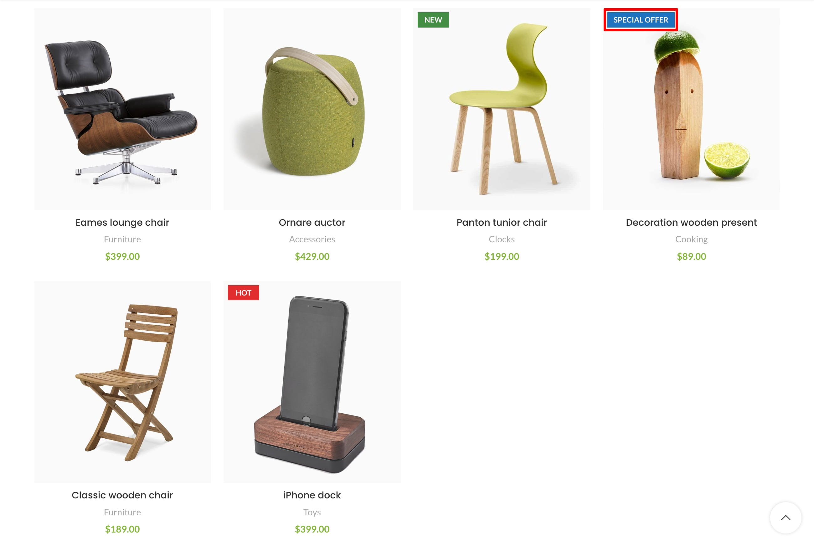 Product grid showing chairs, a speaker, a wooden decoration, and an iPhone dock with prices