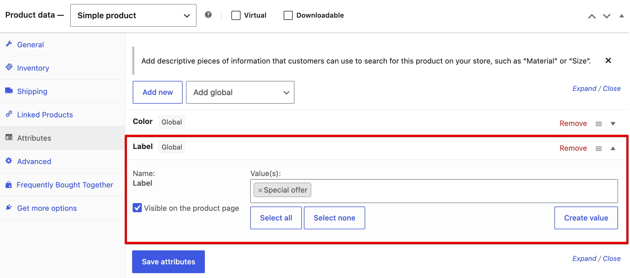 WooCommerce product attributes editor showing the Label attribute with value “Special offer” selected