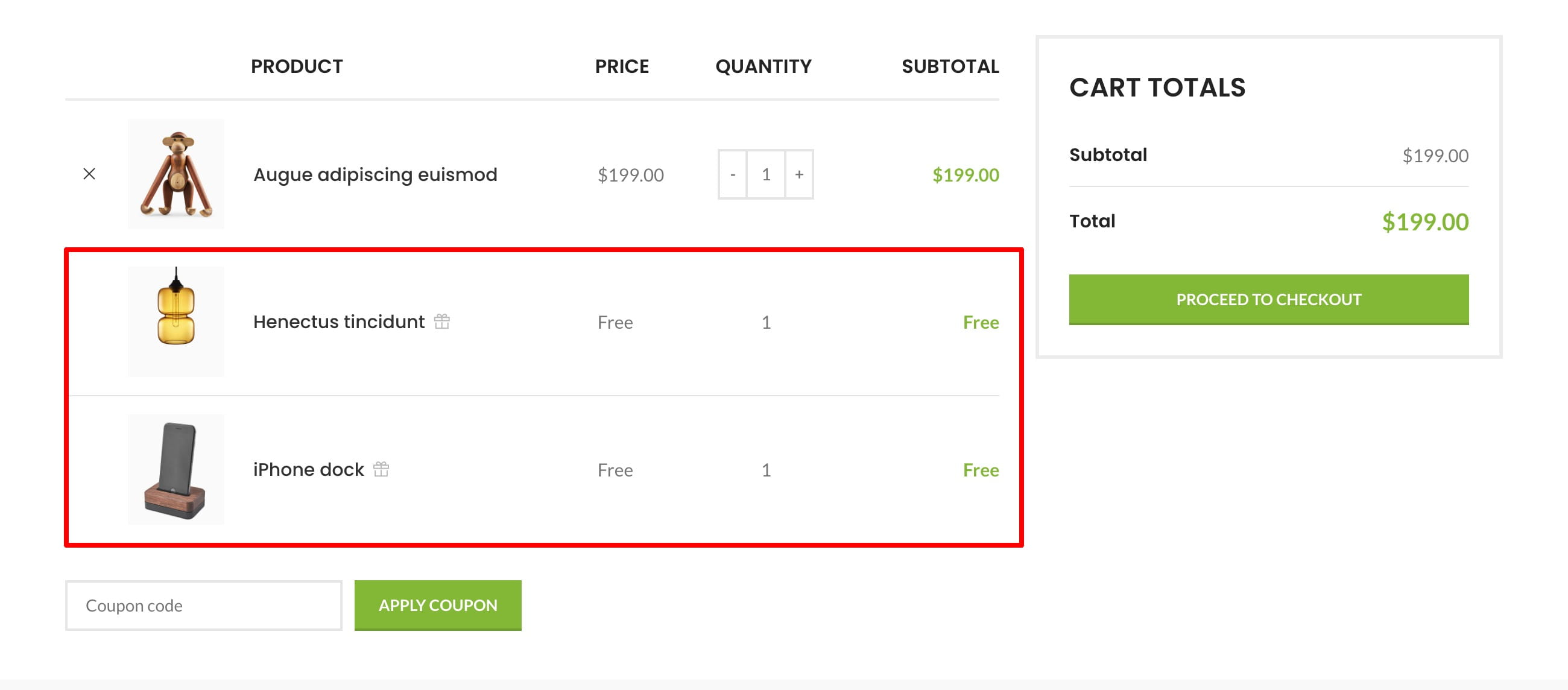 automatic gifts on cart page