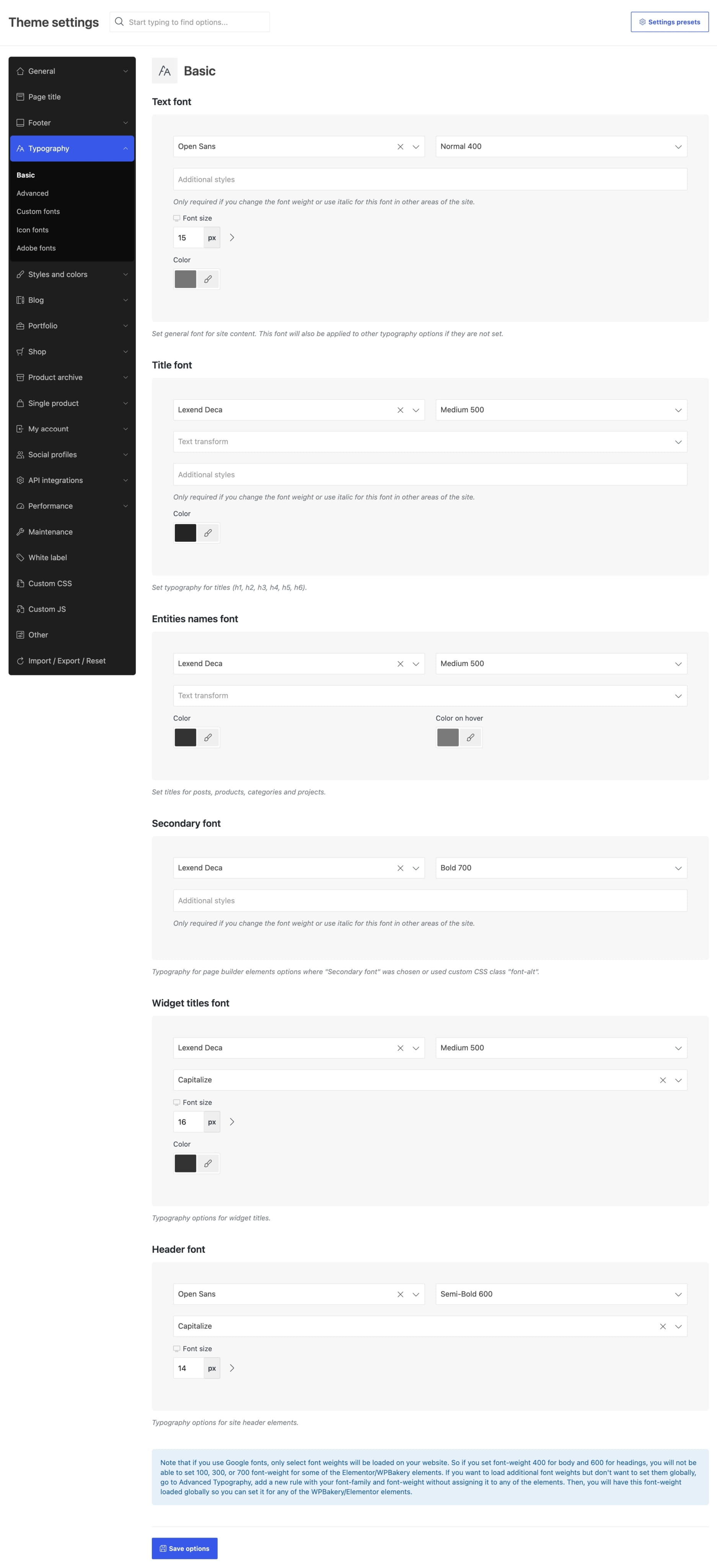 full page basic typography from theme settings