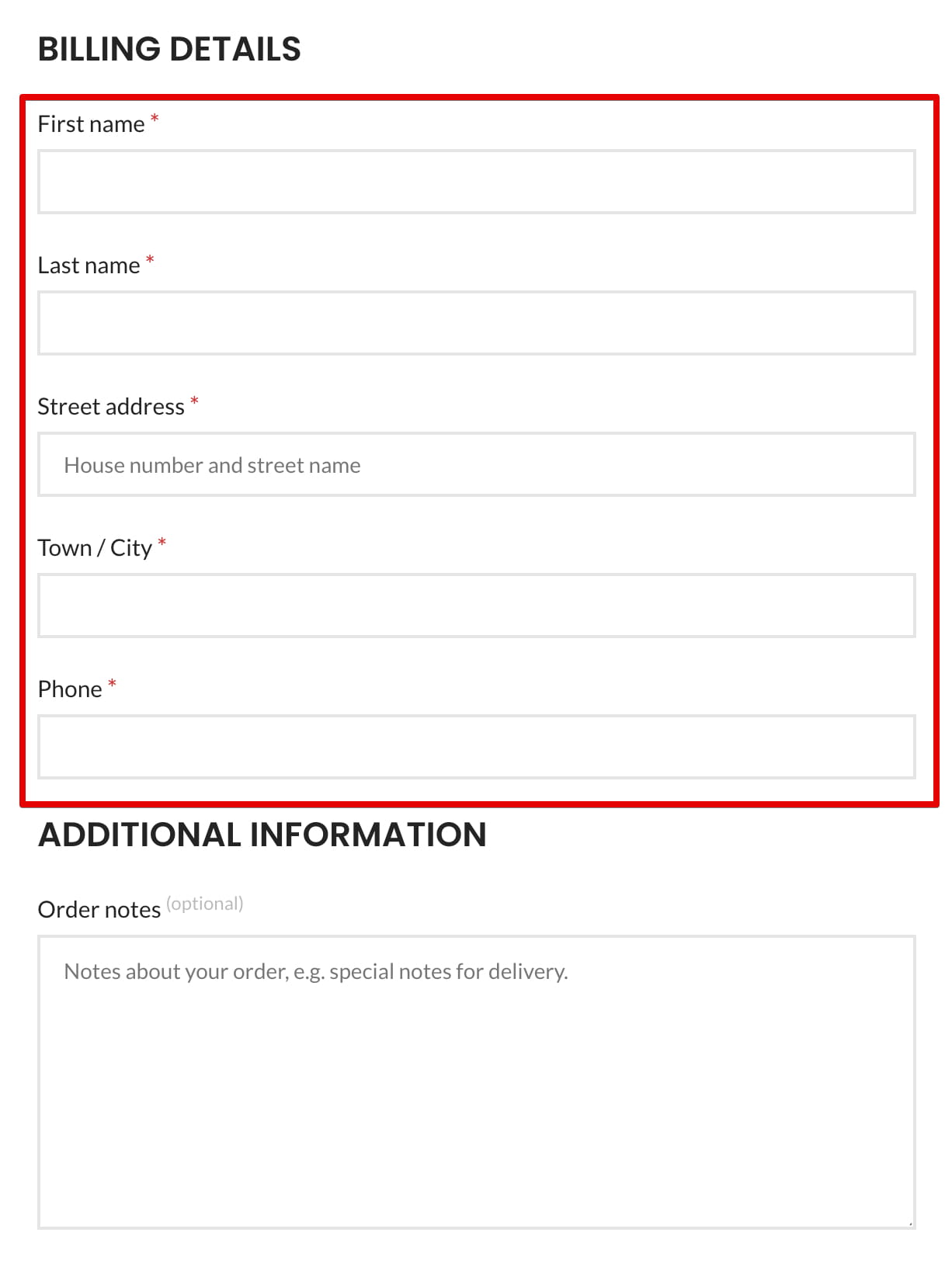Billing details form with required fields for first name, last name, street address, town/city, and phone