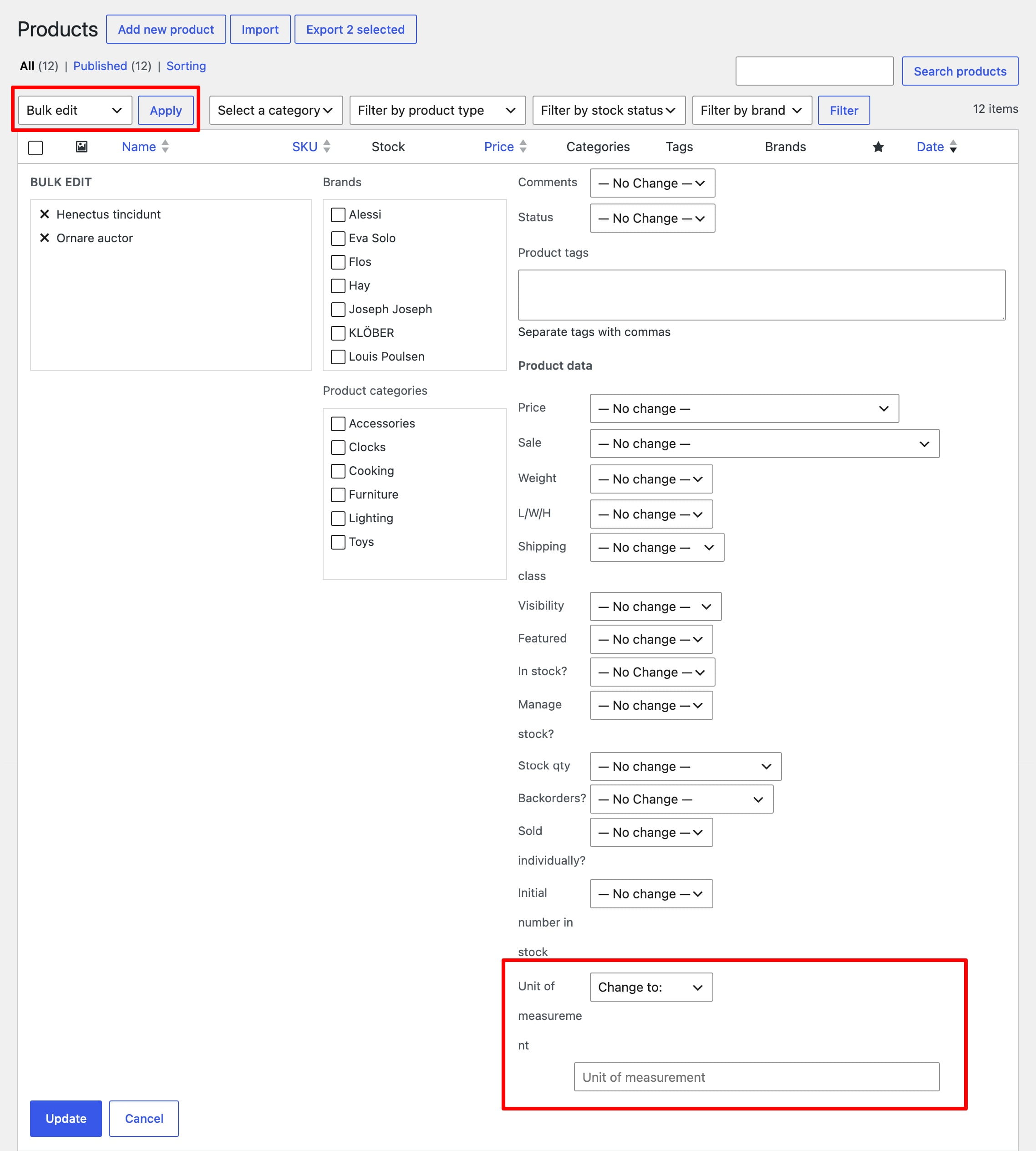 Bulk edit products form with unit of measurement field and Apply button
