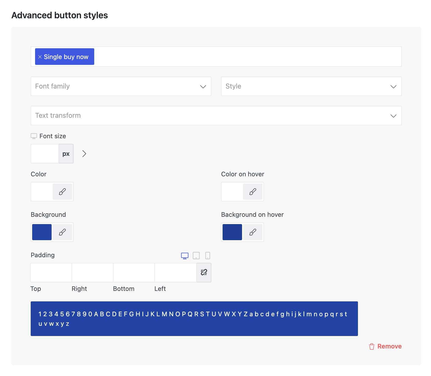 Advanced button styles editor with controls for font, color, padding, and a preview button