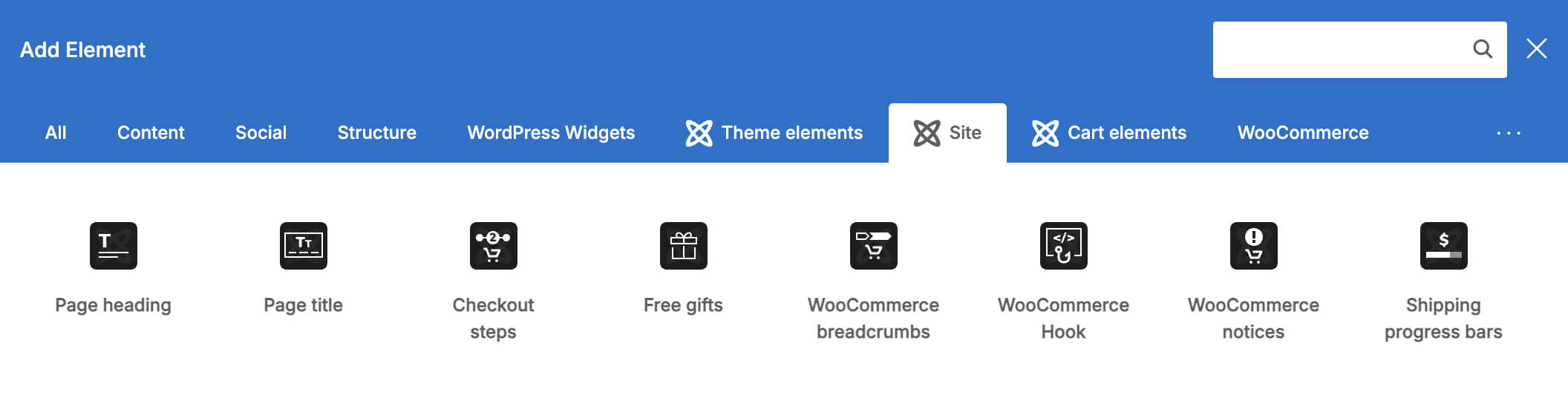 Add Element panel with site and WooCommerce element categories