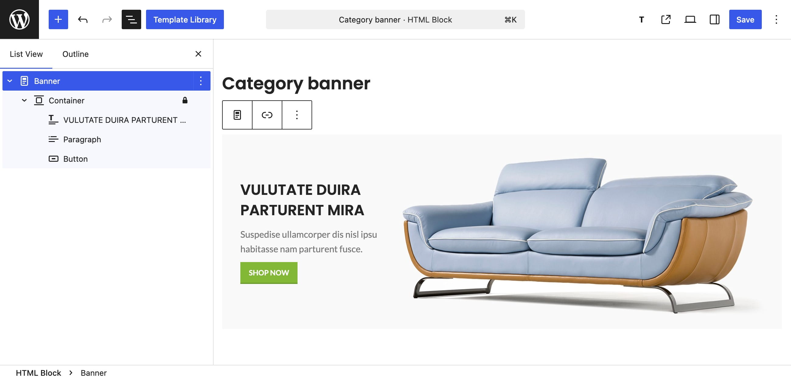 Light blue and tan sofa with “Shop Now” category banner text