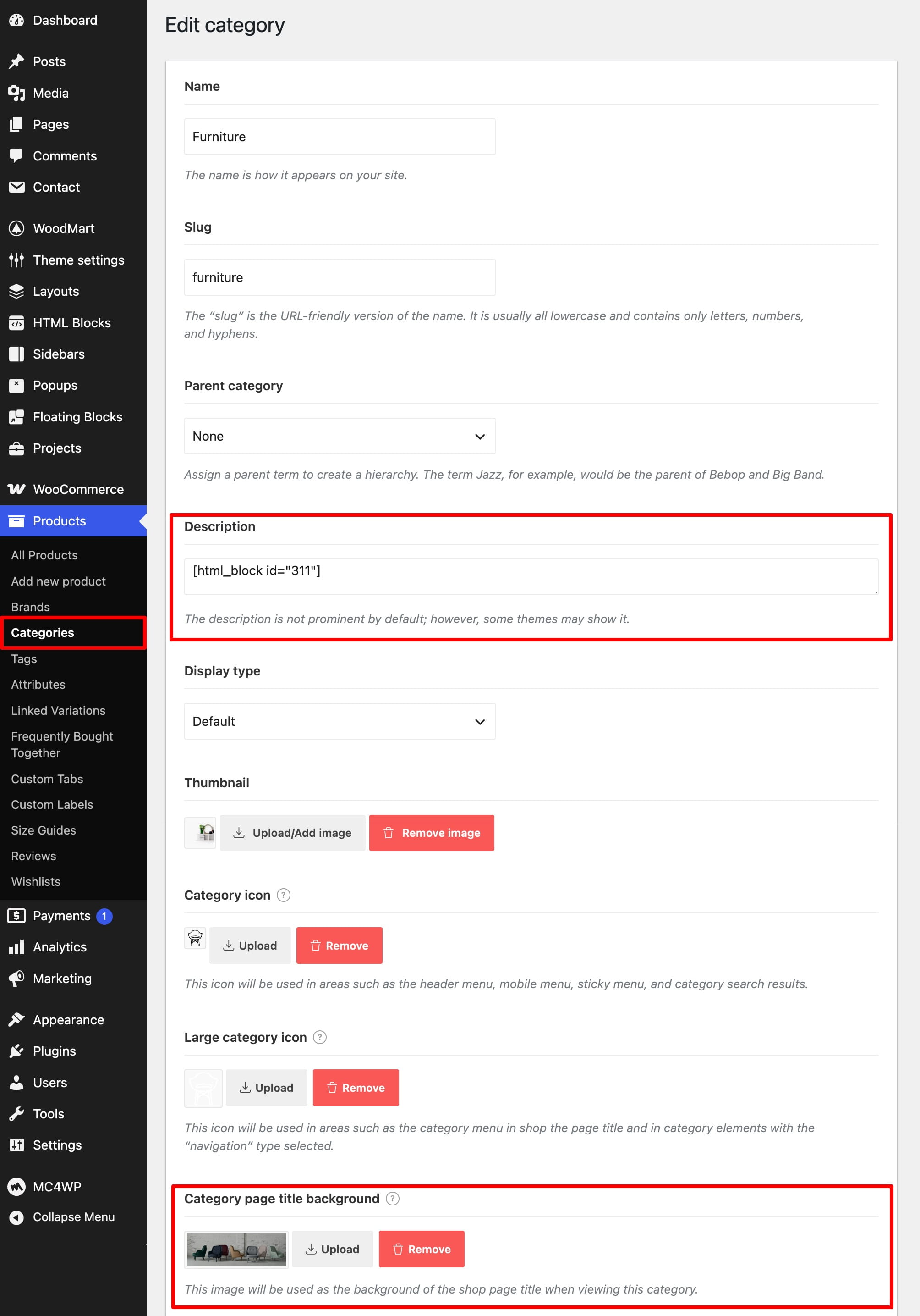 category settings page