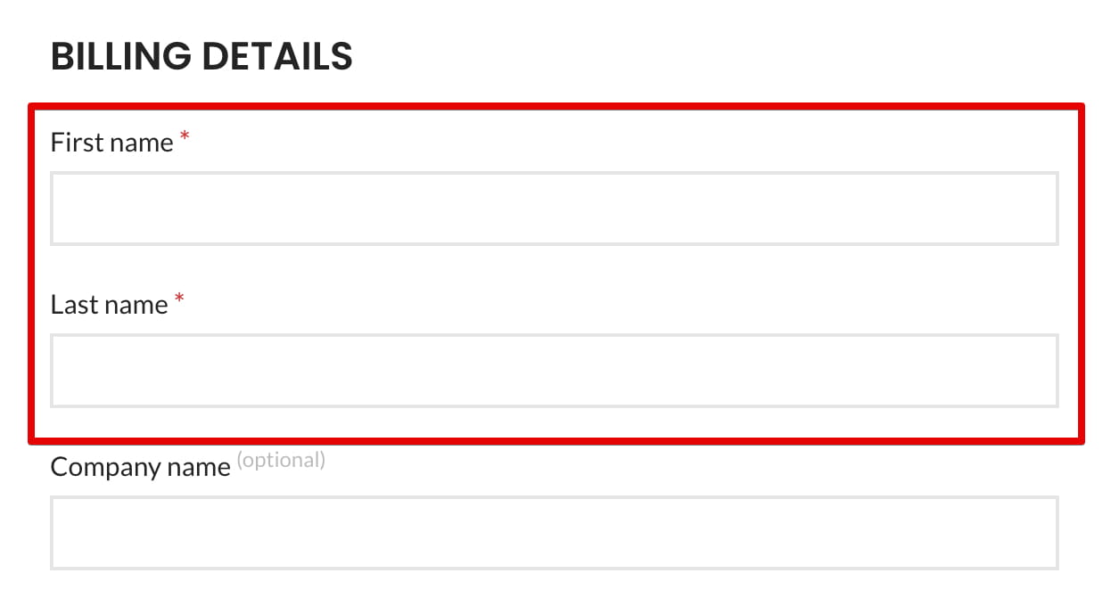 Billing details form fields wide