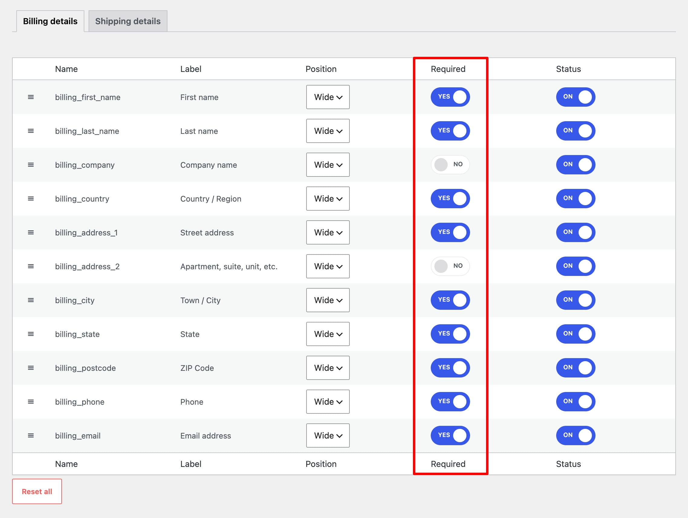 Billing details settings table with the Required column highlighted