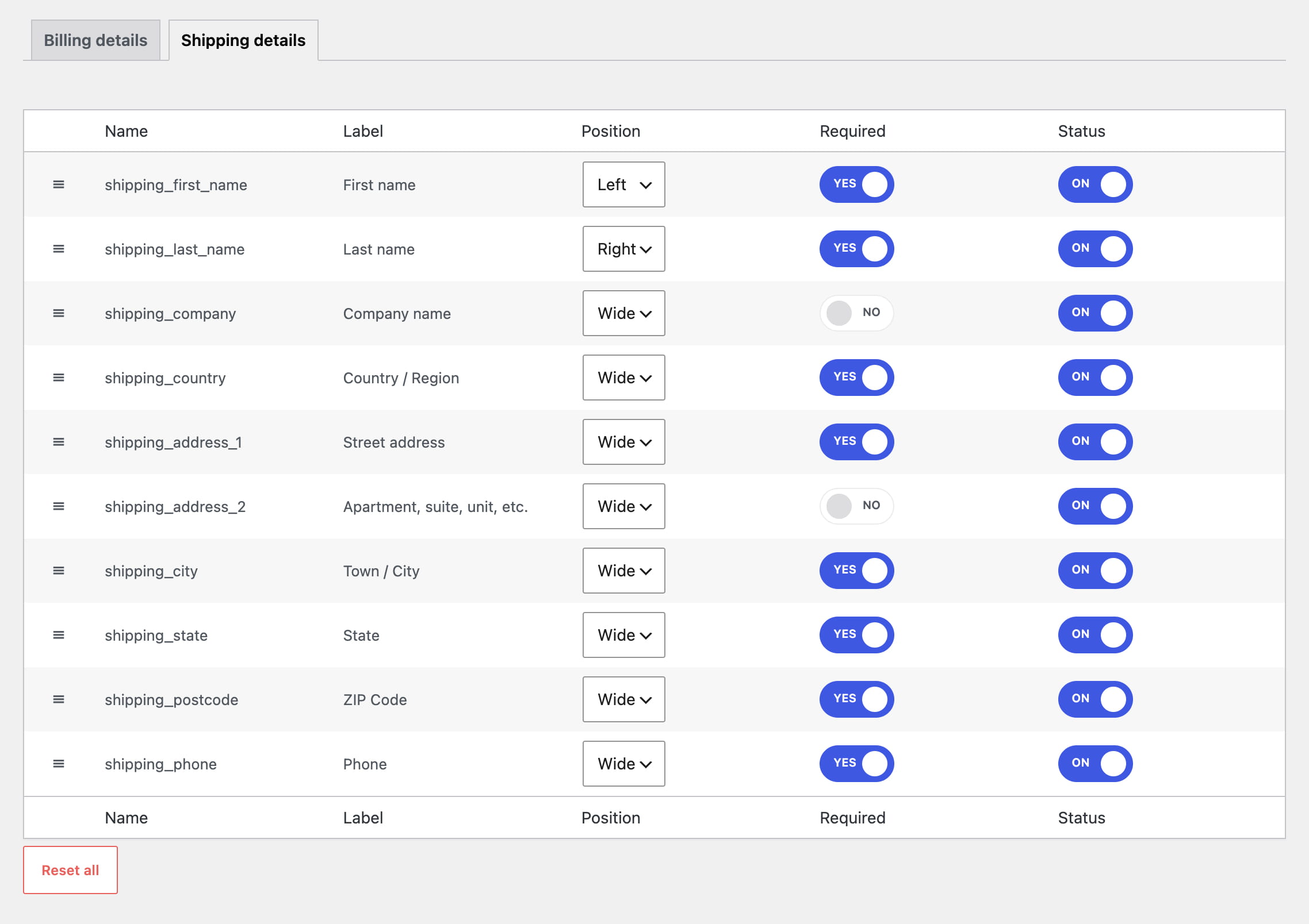 Shipping details settings table with field names, positions, required toggles, and status switches