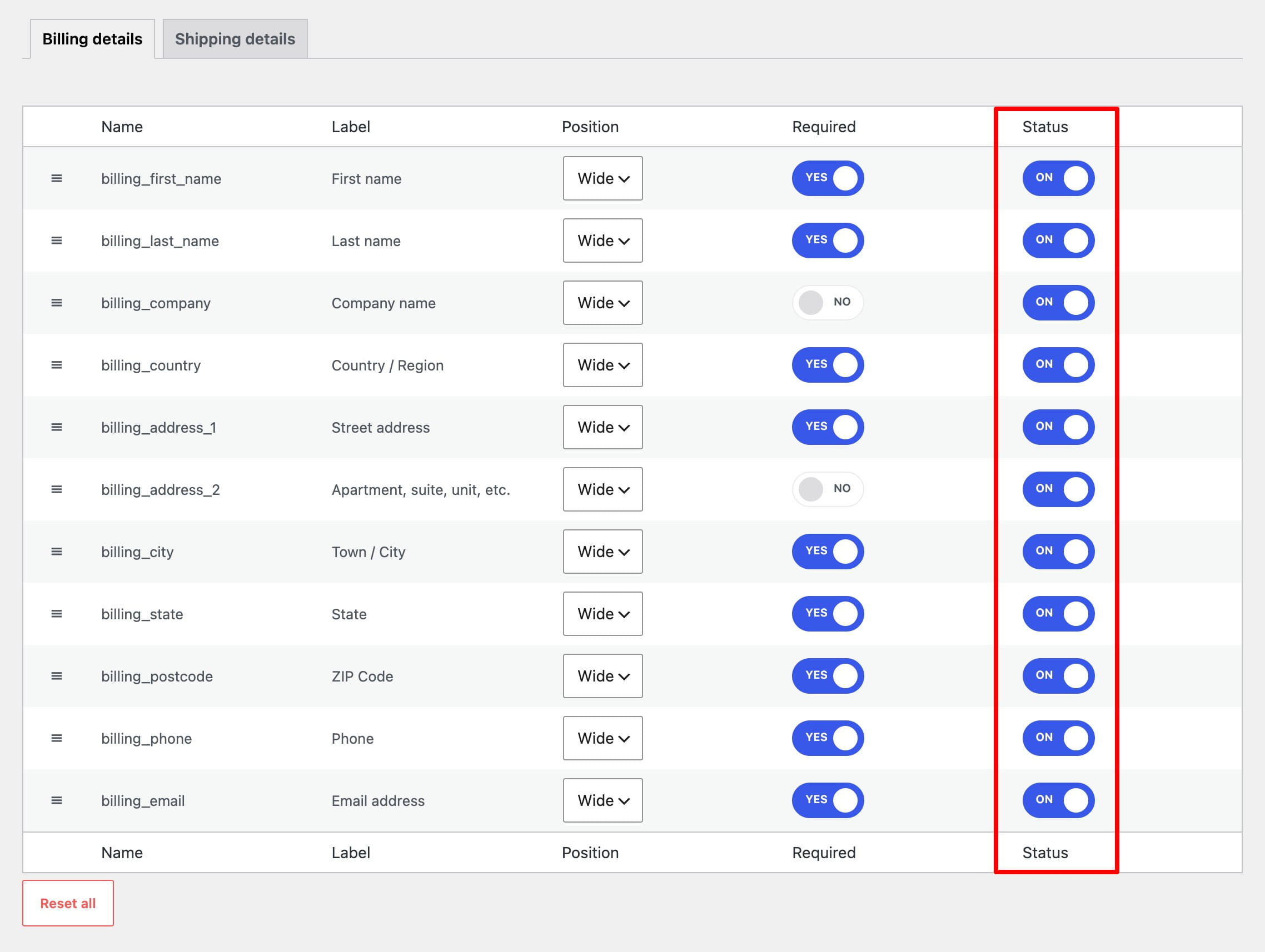 Billing details settings table with status toggles