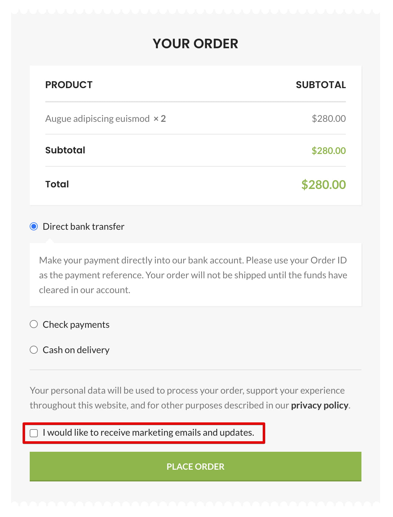 Checkout page with order total $280.00, payment options, and a Place Order button