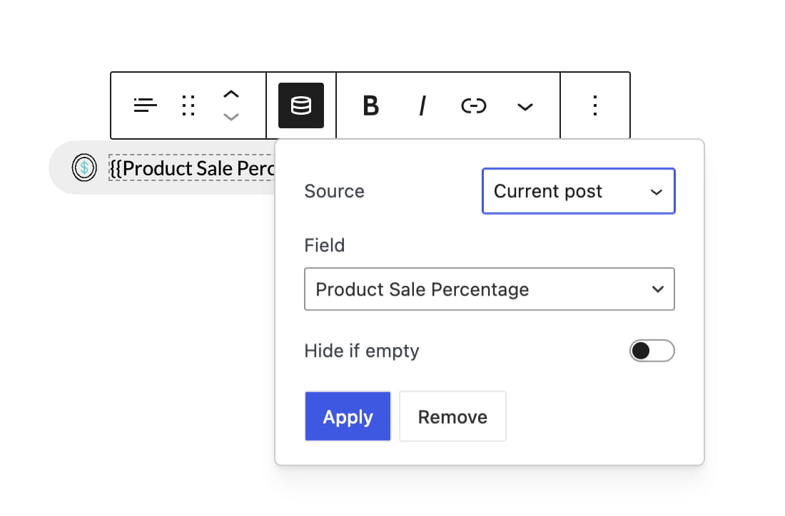 Screenshot of a field settings popover for “Product Sale Percentage” with source set to Current post and Apply/Remove buttons
