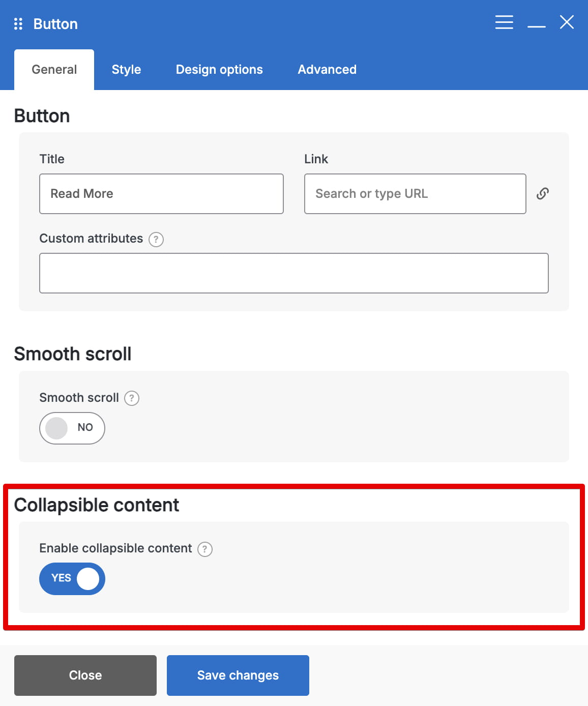 Button settings panel with collapsible content enabled