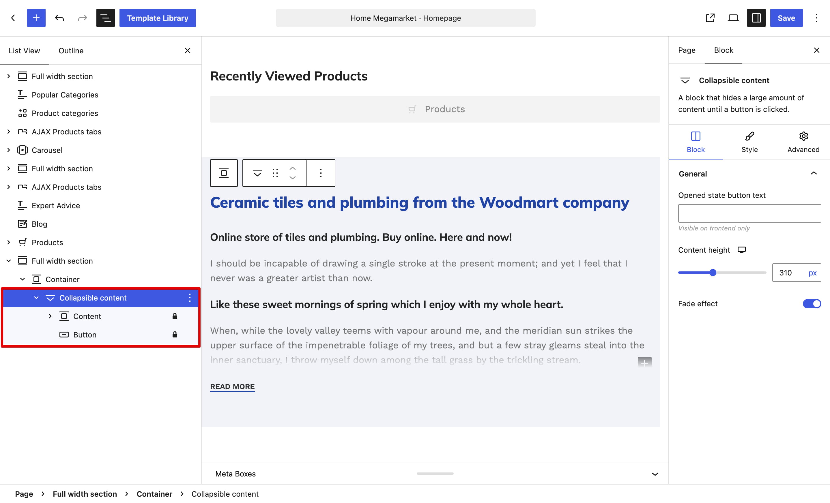 Website editor showing a selected collapsible content block with its settings panel open
