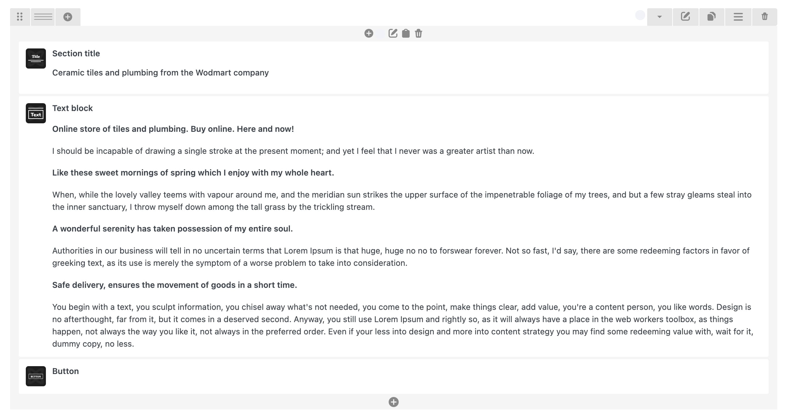 Page builder interface showing a section title, text block, and button in an online tile and plumbing store layout