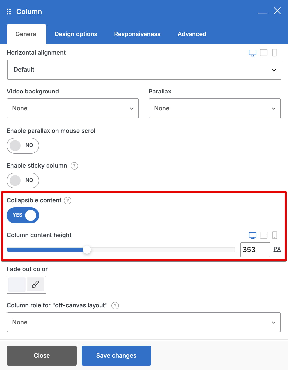 Column settings panel with collapsible content enabled and content height set to 353 px