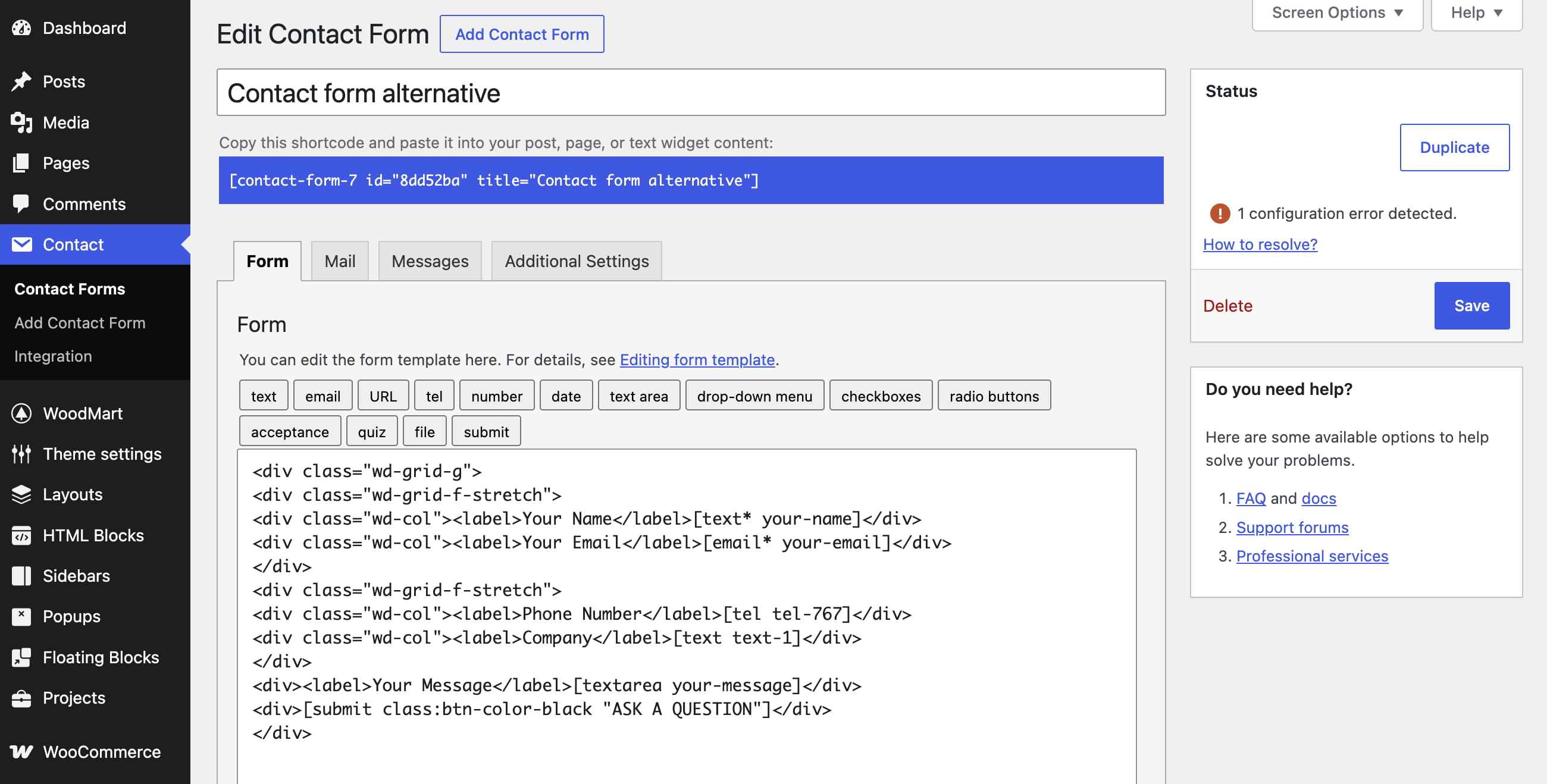 WordPress contact form editor showing a form named “Contact form alternative” with shortcode and form fields