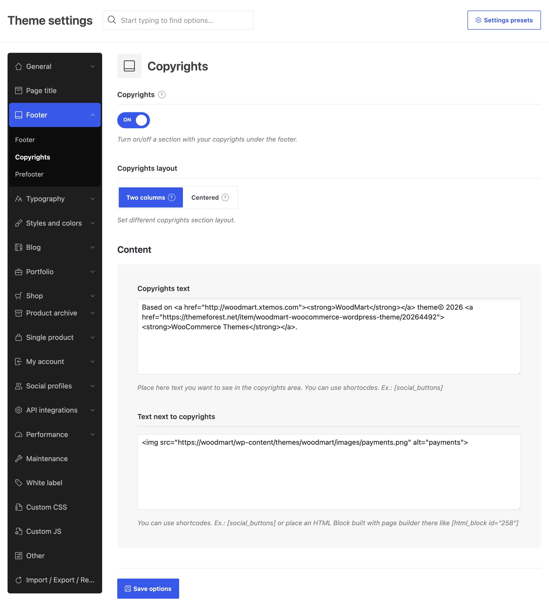 copyright settings