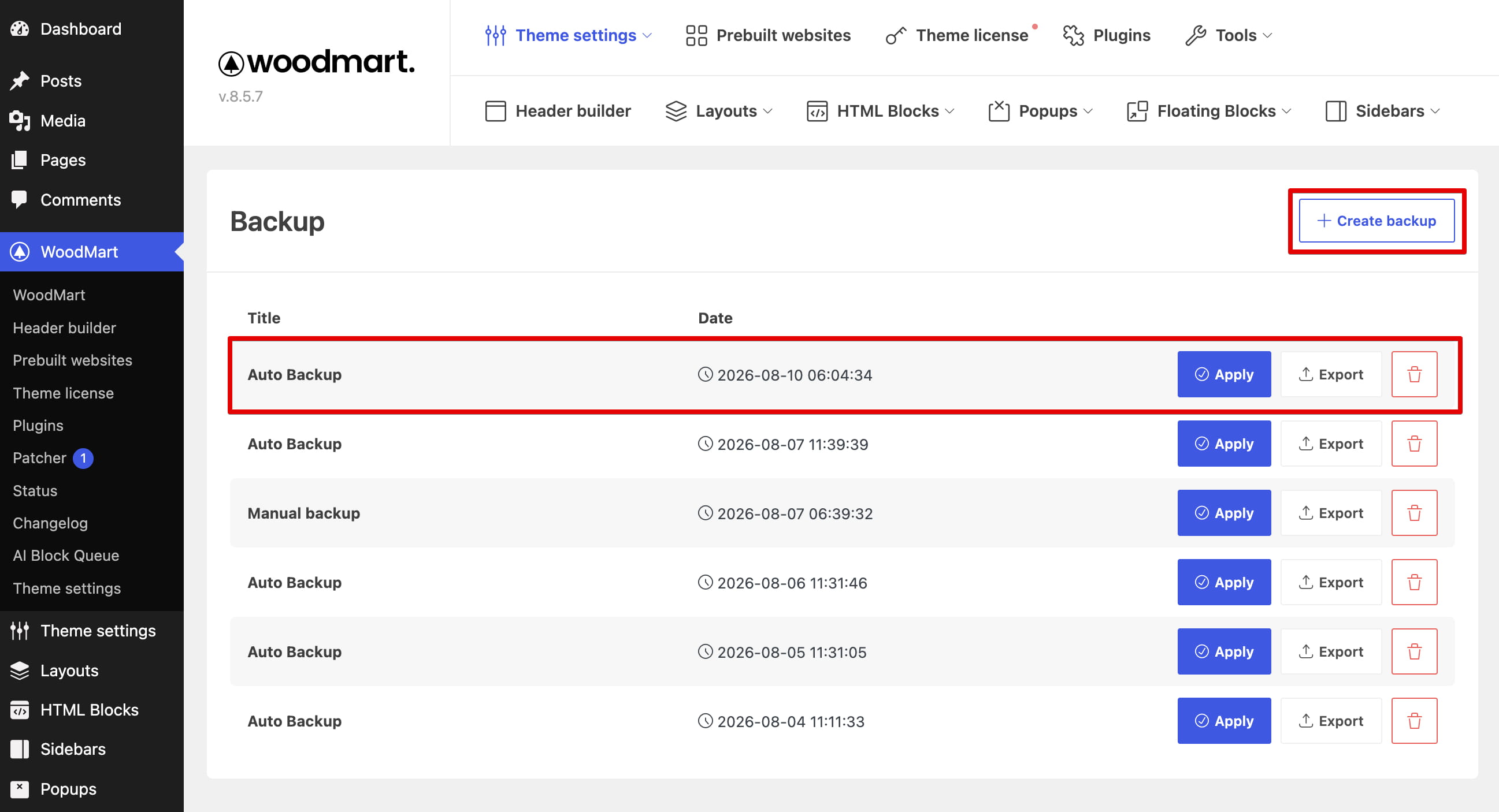 WoodMart backup page with Create backup, Apply, Export, and delete actions for saved backups