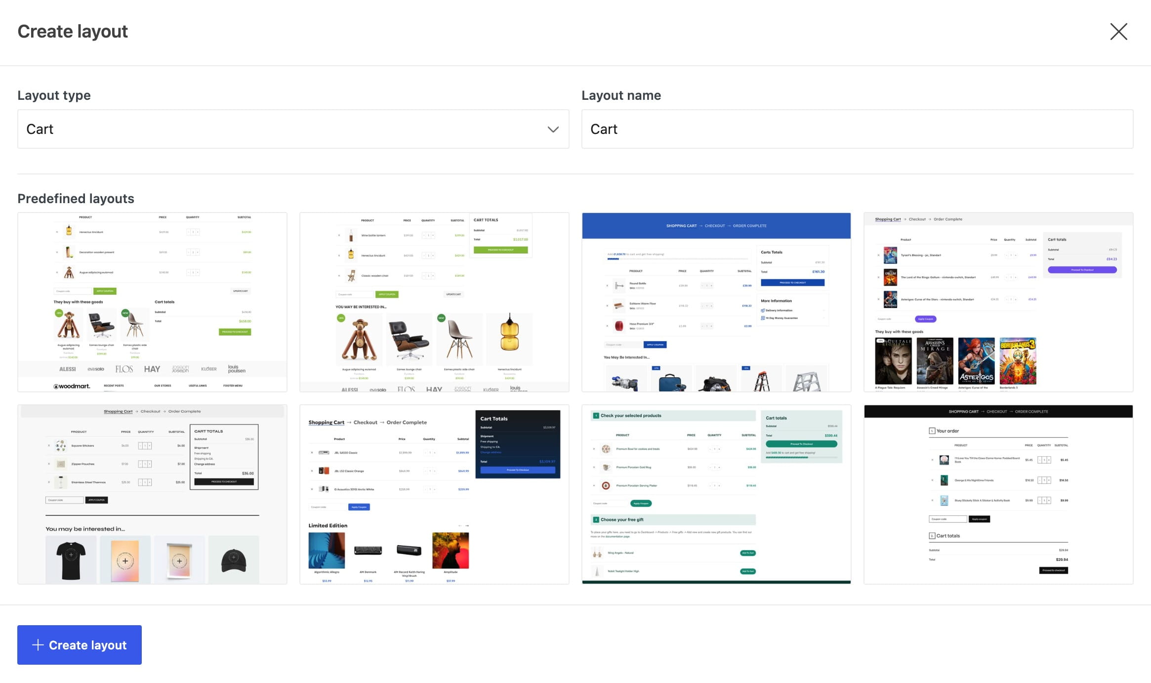 Create cart or checkout layouts