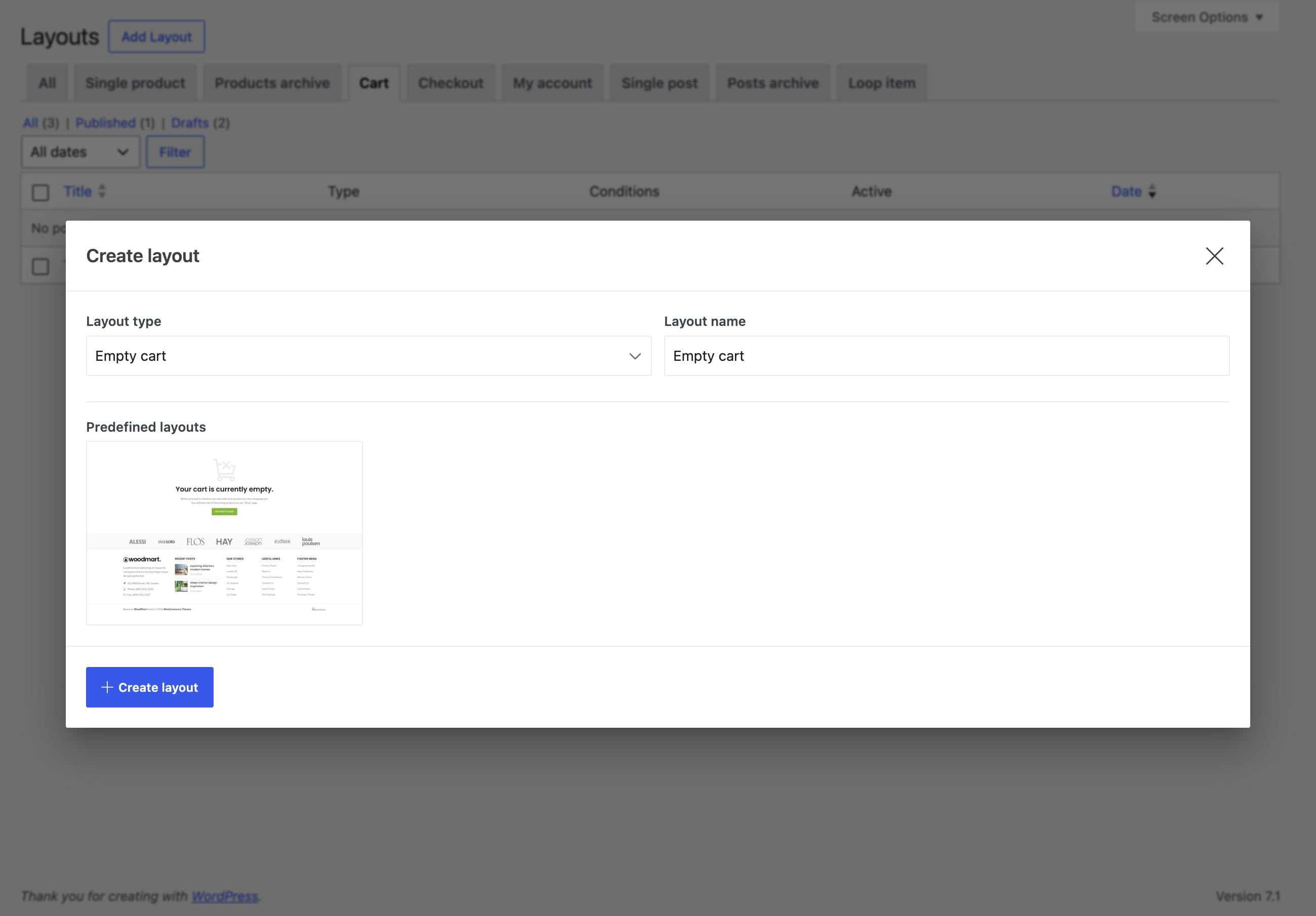 Create layout dialog for an empty cart layout
