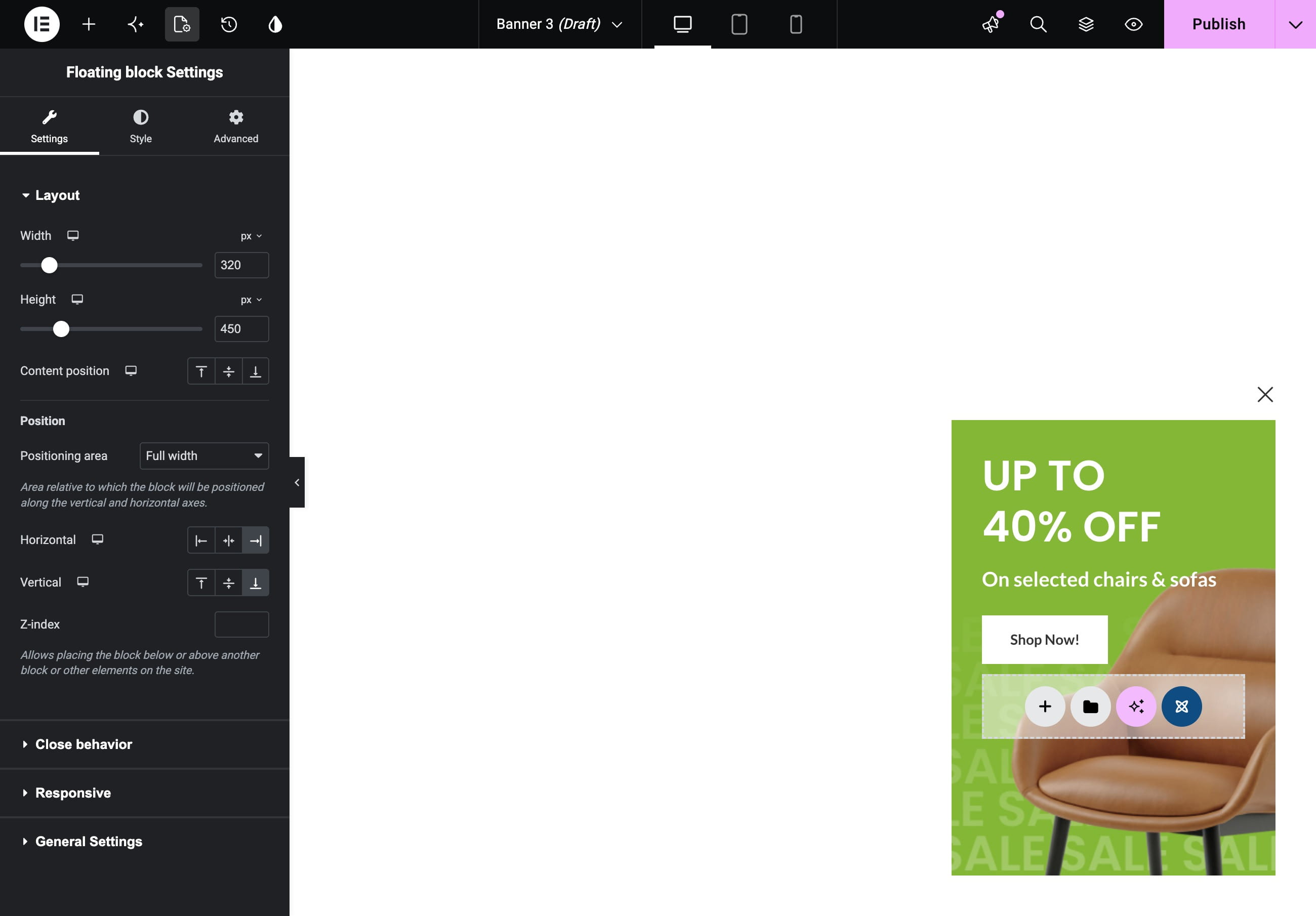 Create floating block in Elementor builder