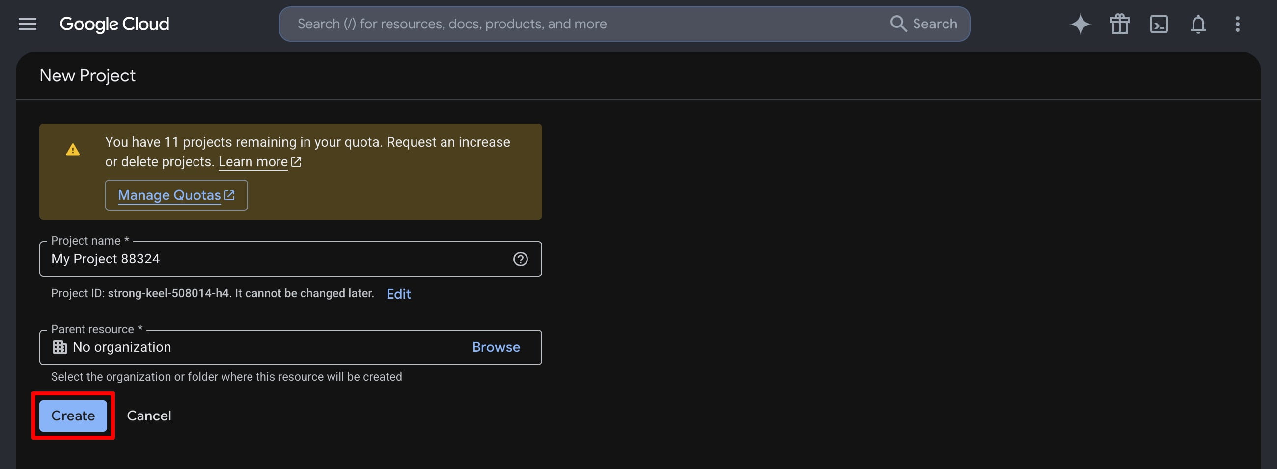 Google Cloud New Project page with the Create button highlighted