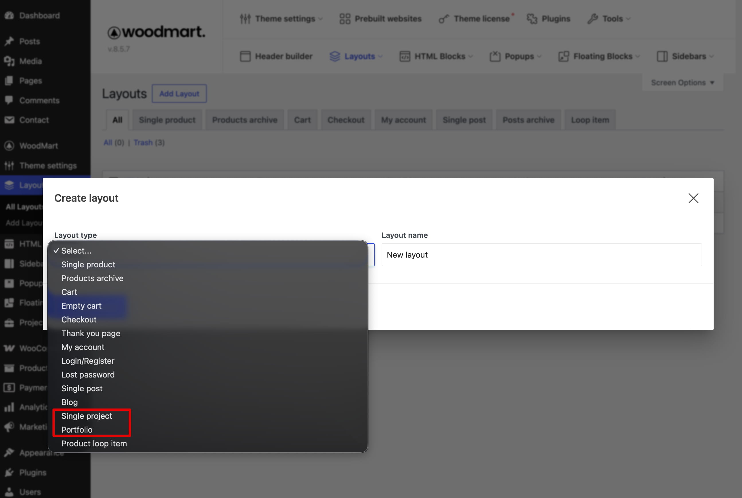 Create layout dialog with layout type dropdown open