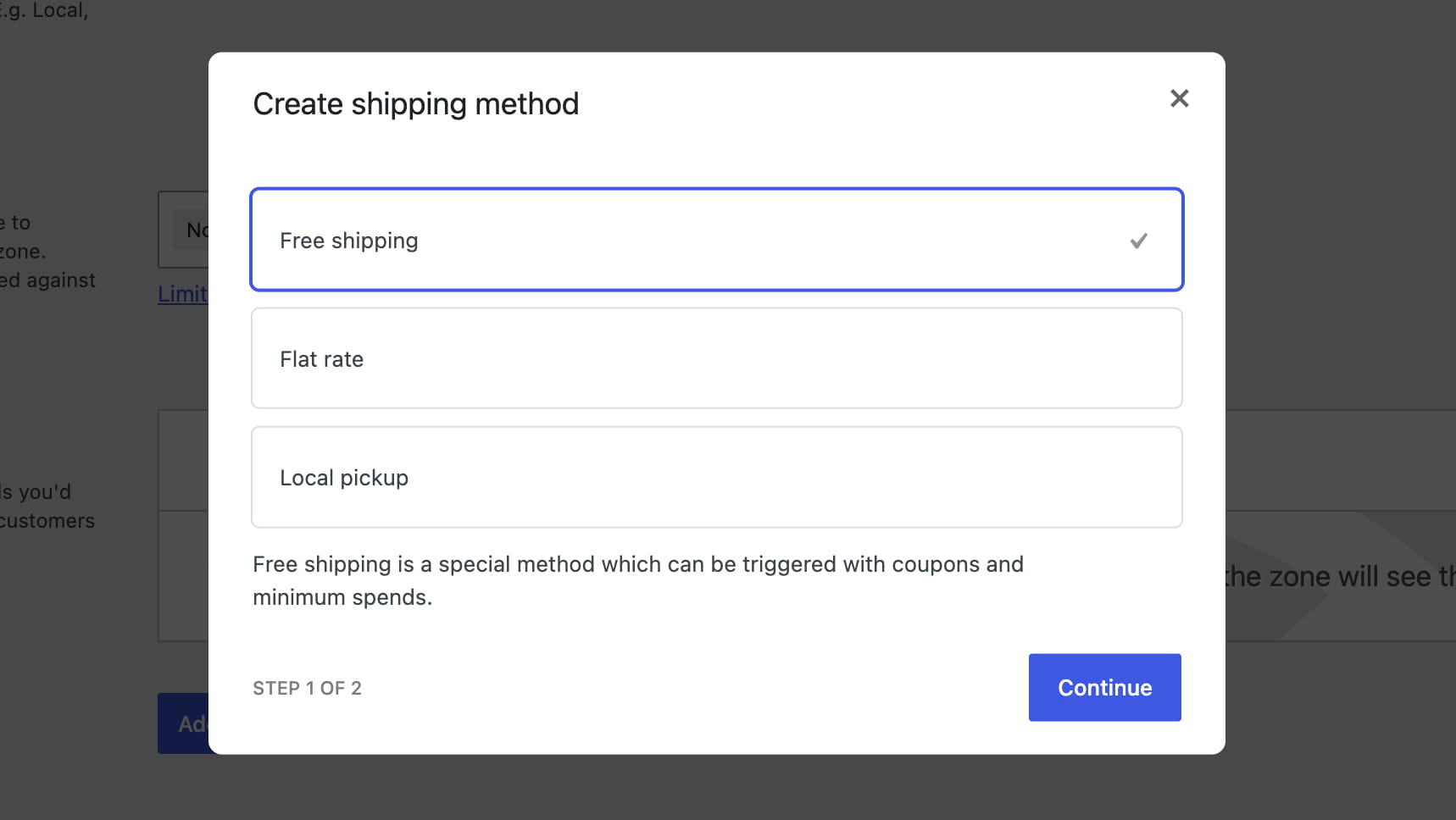 Create shipping method dialog with Free shipping, Flat rate, and Local pickup options
