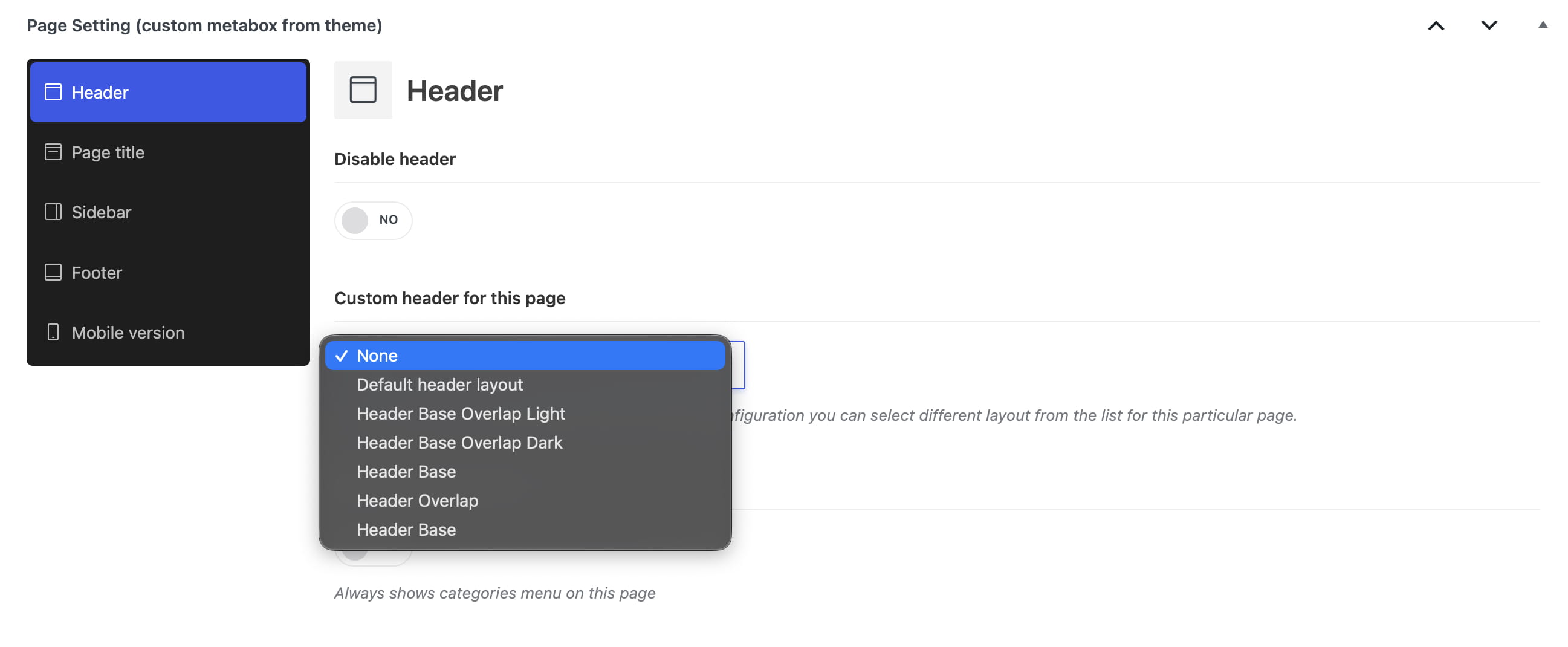 Page settings screen with Header selected and a custom header layout dropdown open