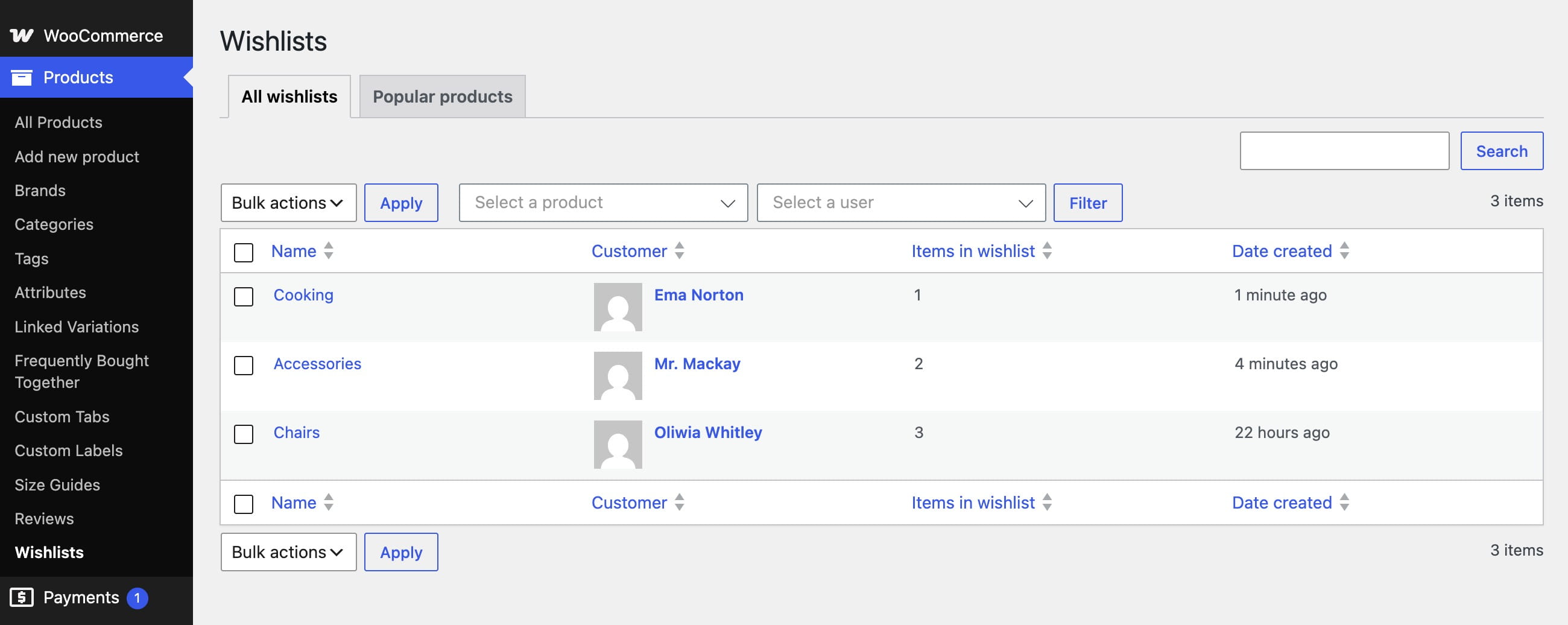 WooCommerce customer Wishlists page backend
