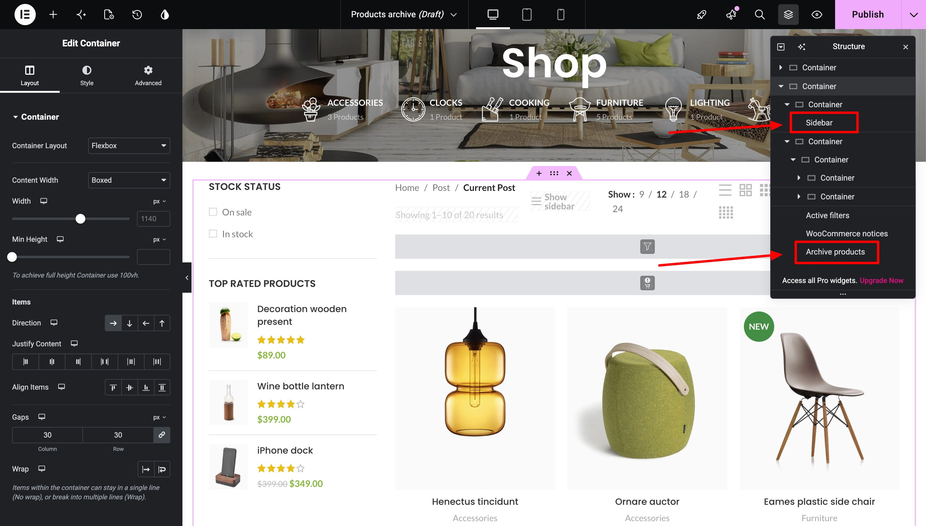 Elementor editor showing a WooCommerce products archive layout with sidebar and product grid