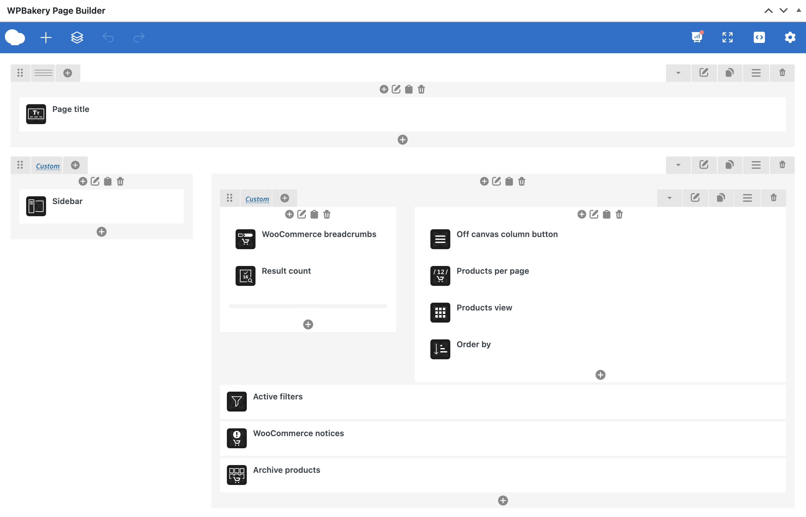 WPBakery Page Builder layout editor showing page title, sidebar, and WooCommerce product archive elements