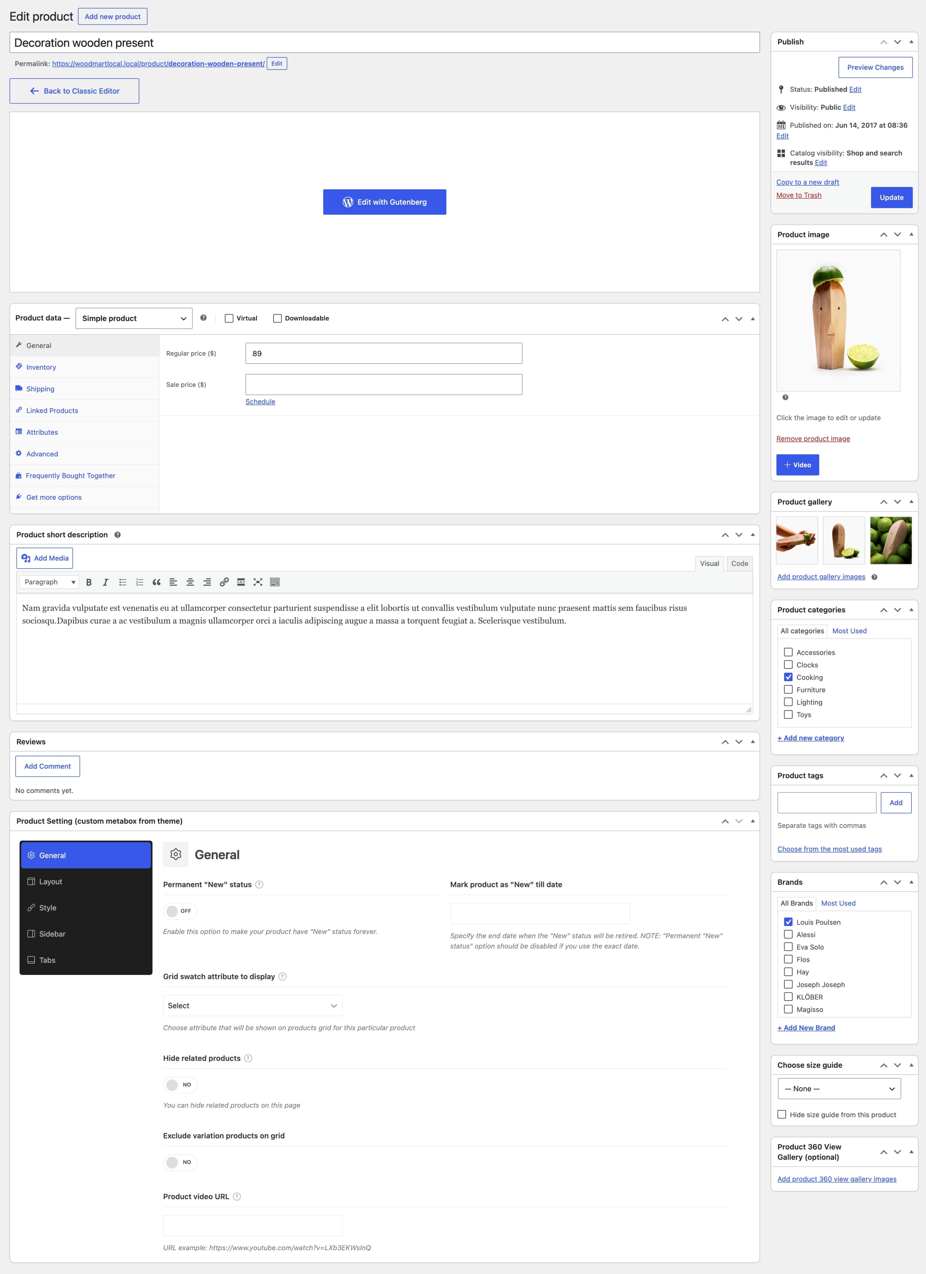 single product edit page