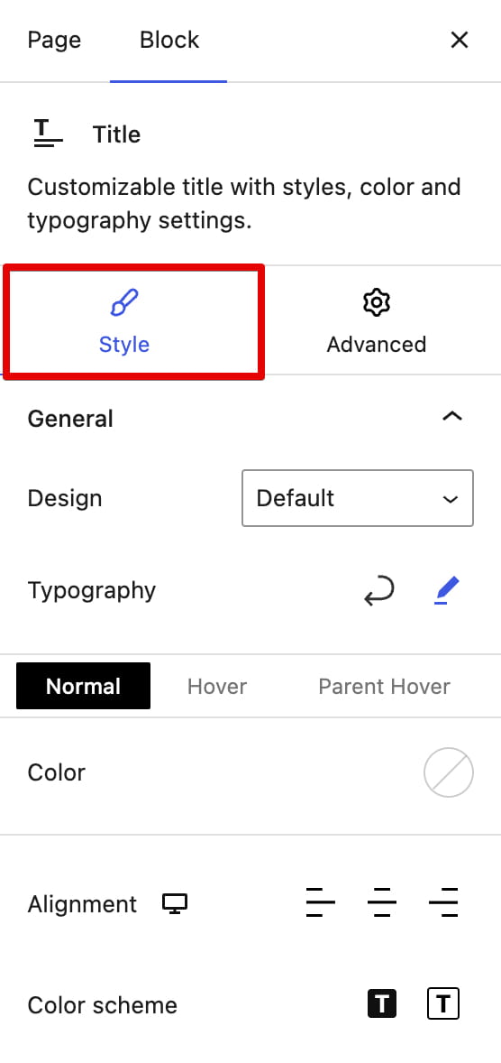 Style tab selected in the block settings panel
