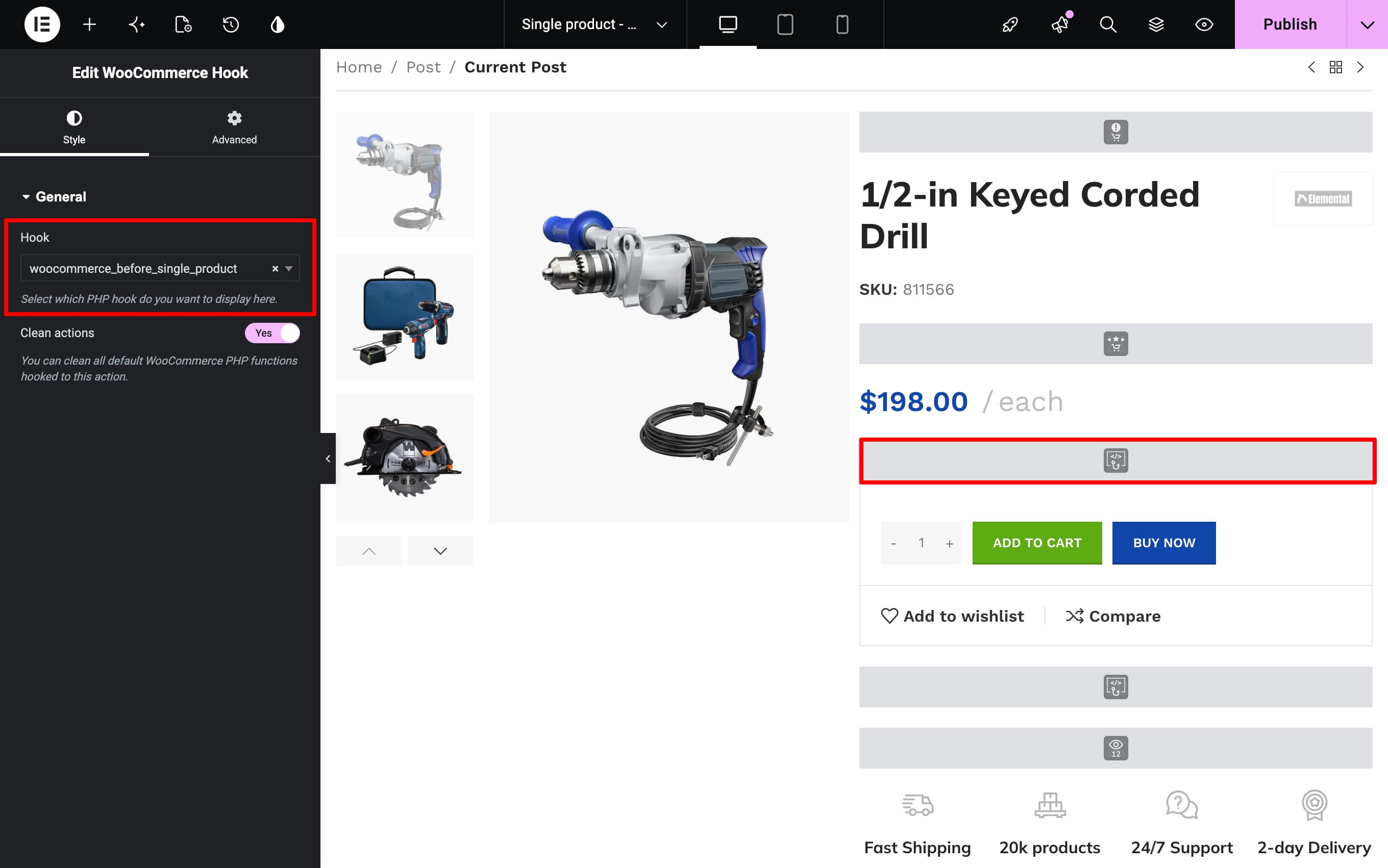element woocommerce hook on elementor