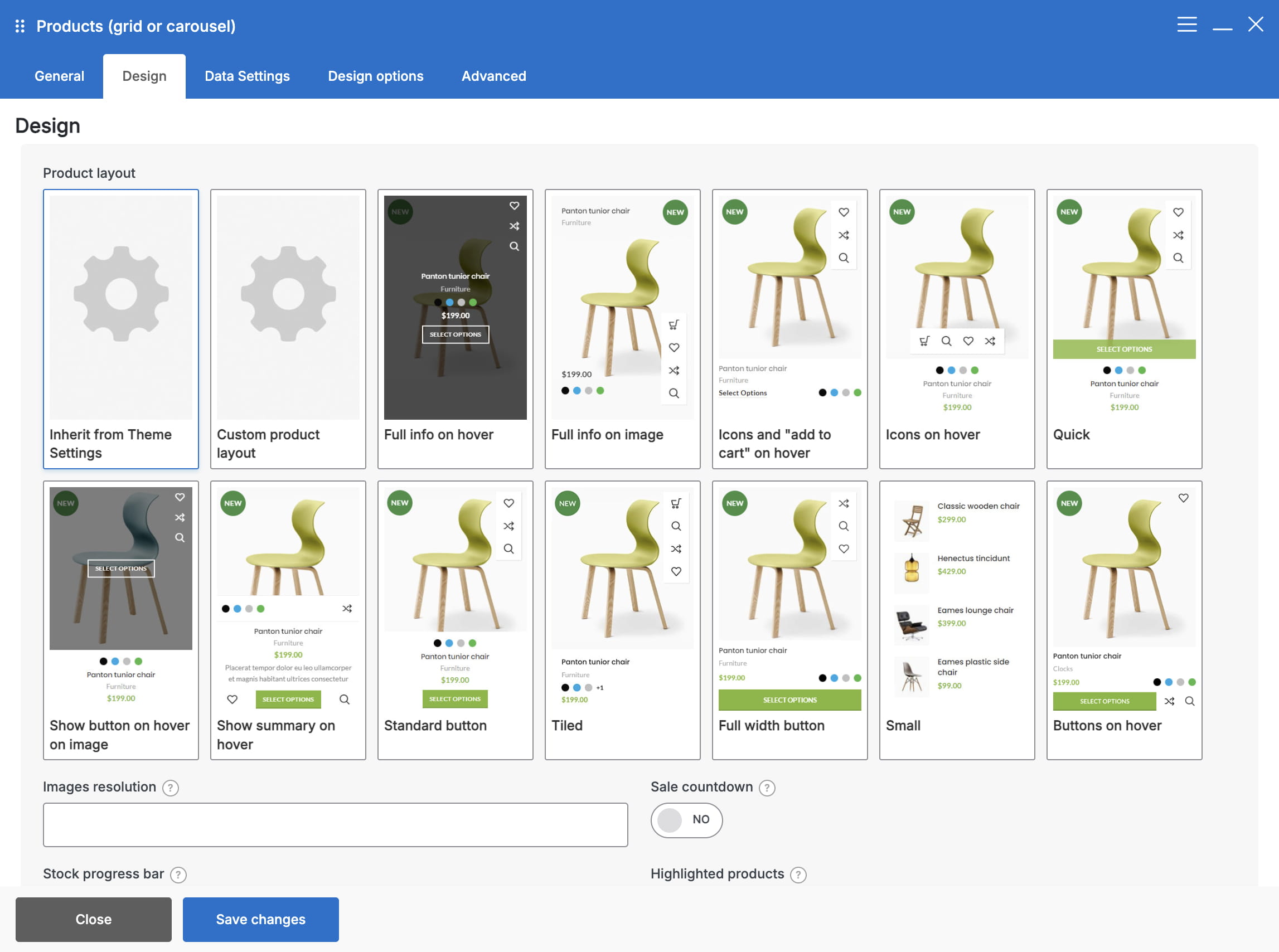 Product layout design options for a products grid or carousel, showing multiple card layout presets