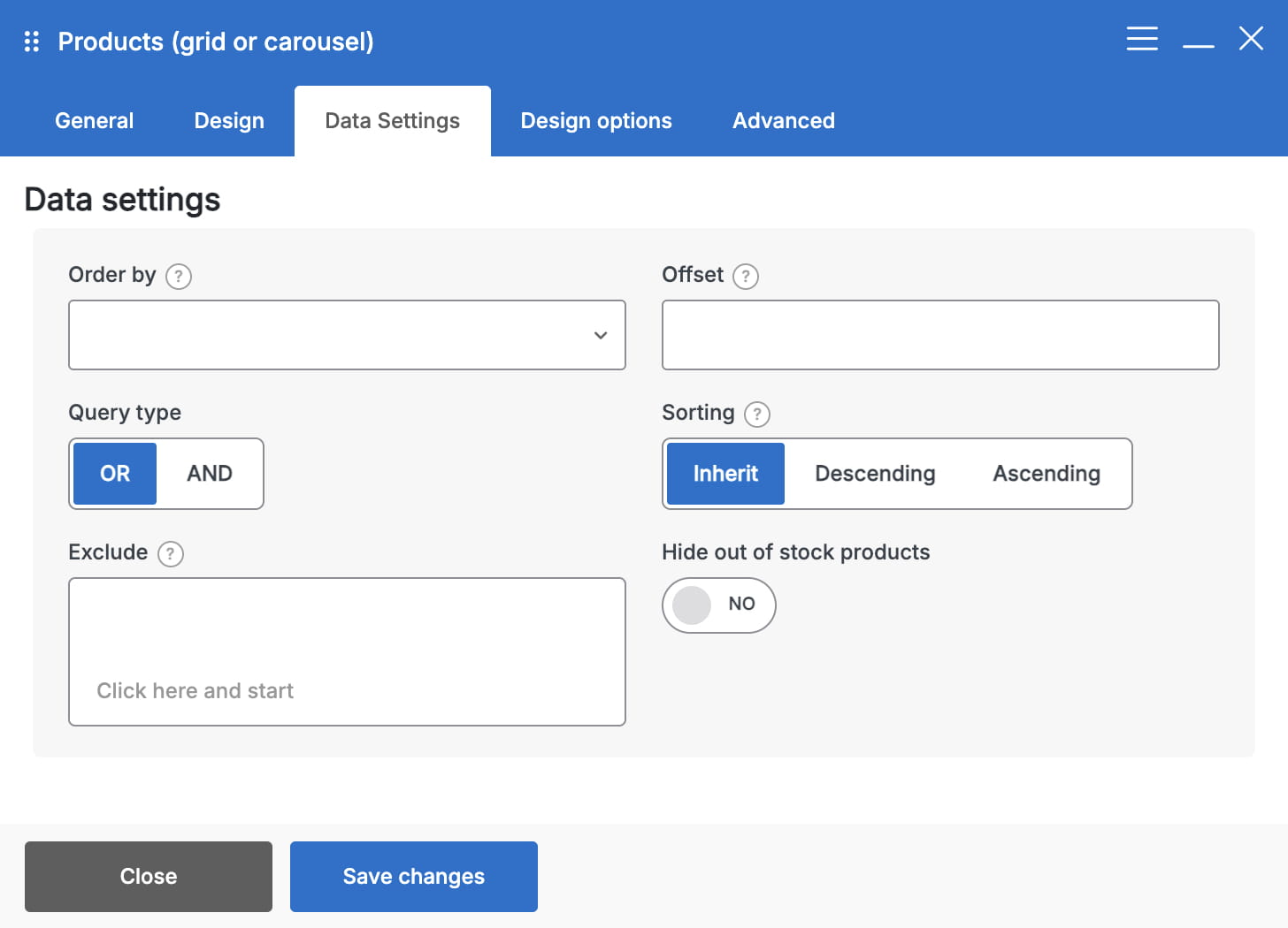 Products settings dialog on the Data Settings tab with sorting and stock filter options