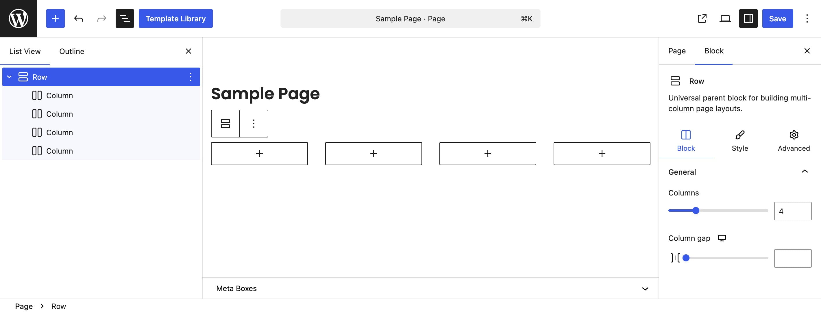 WoodMart gutenberg element Row settings