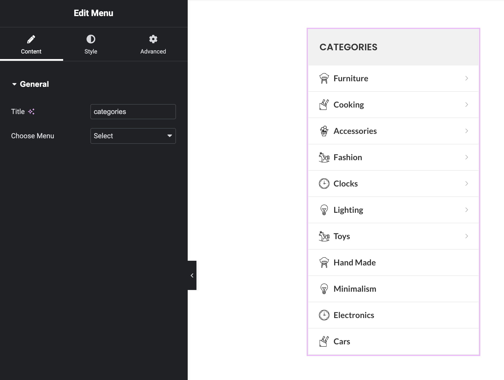 element menu elementor