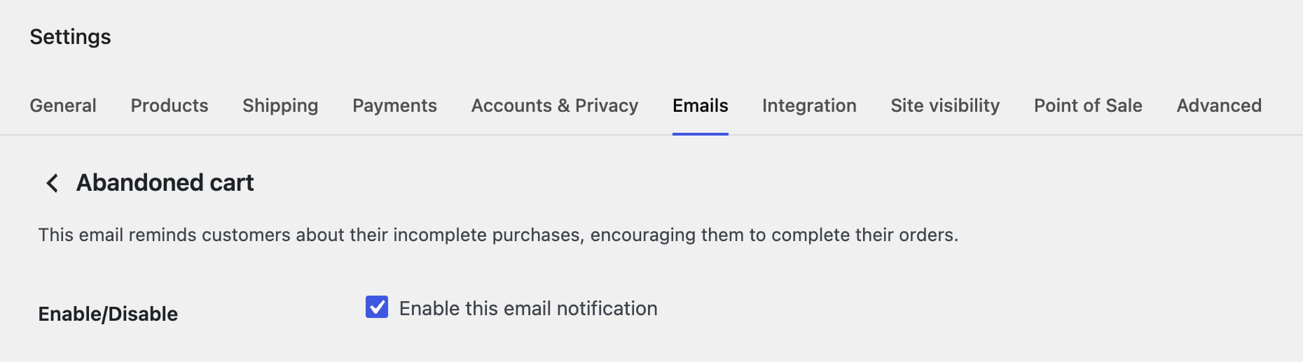 Back to Emails settings